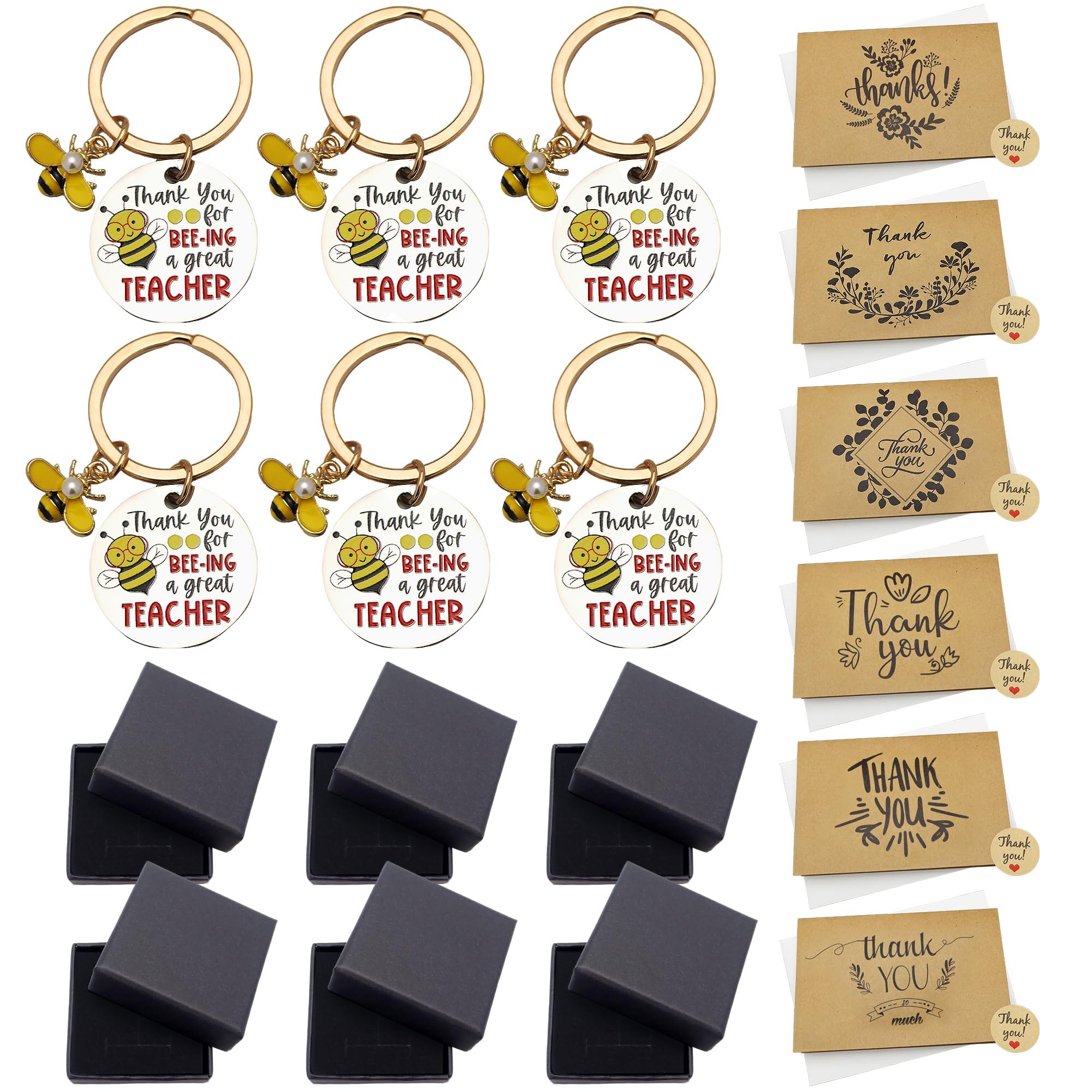 Sundonix Thank You Leaving Teacher Gift - 6 Pack Thankyou Teacher Appreciation Leavers Presents Ideas Cards Envelopes Stainless Inspirational Keyring for Graduation Christmas Xmas