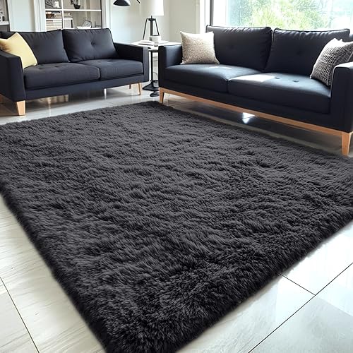 OLANLY 5x8 Machine Washable Large Area Rugs for Living Room, Bedroom, Soft Fluffy Shaggy Bedside Rug, Indoor Floor Carpet for Kids Girls and Boys, Dorms, Nursery, Home Decor Aesthetic, Black - 5x8 ft - Black