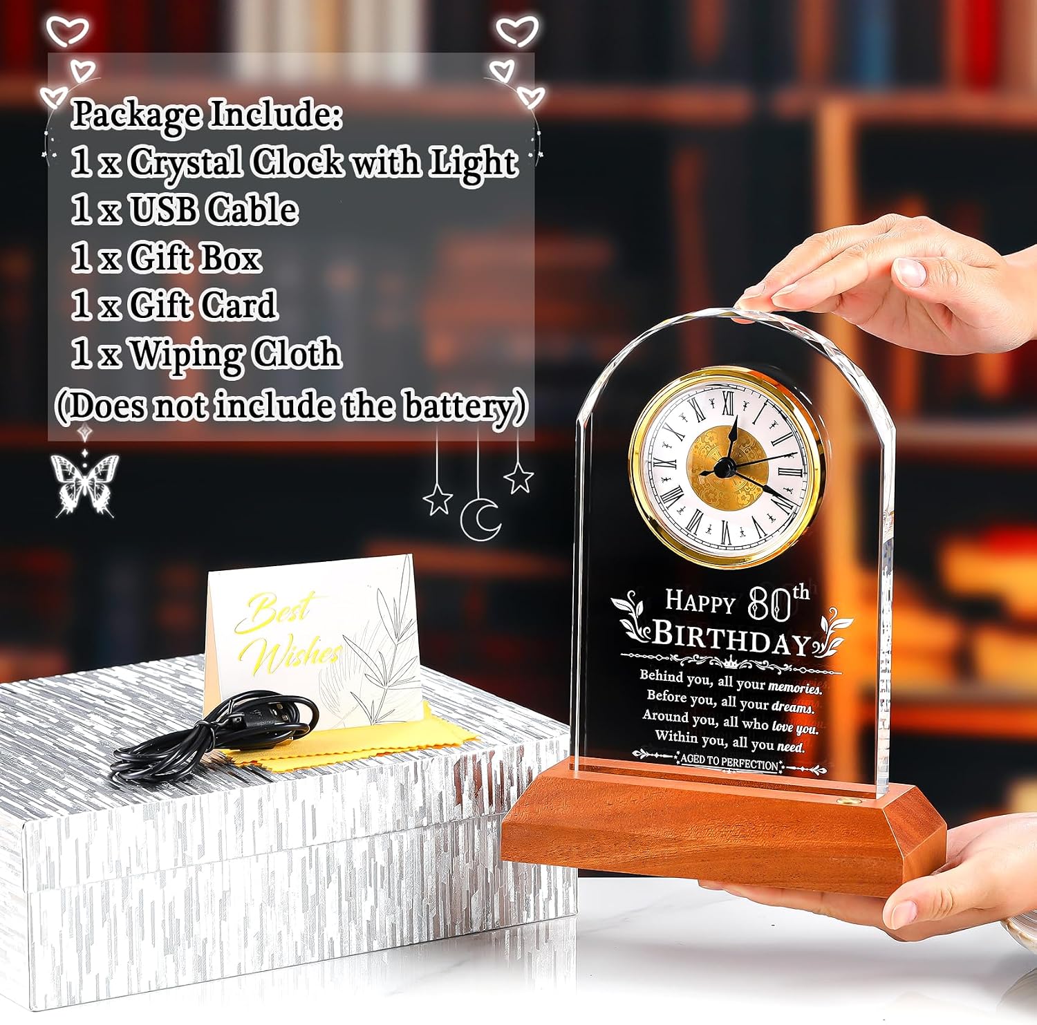 Ornalrist Unique 80th Birthday Gifts for Men Glass 80th Birthday Quartz Clock Keepsake with Wooden Light Base 80 Year Old Birthday Presents Ideas for Women Dad Mom Grandpa Home Decor