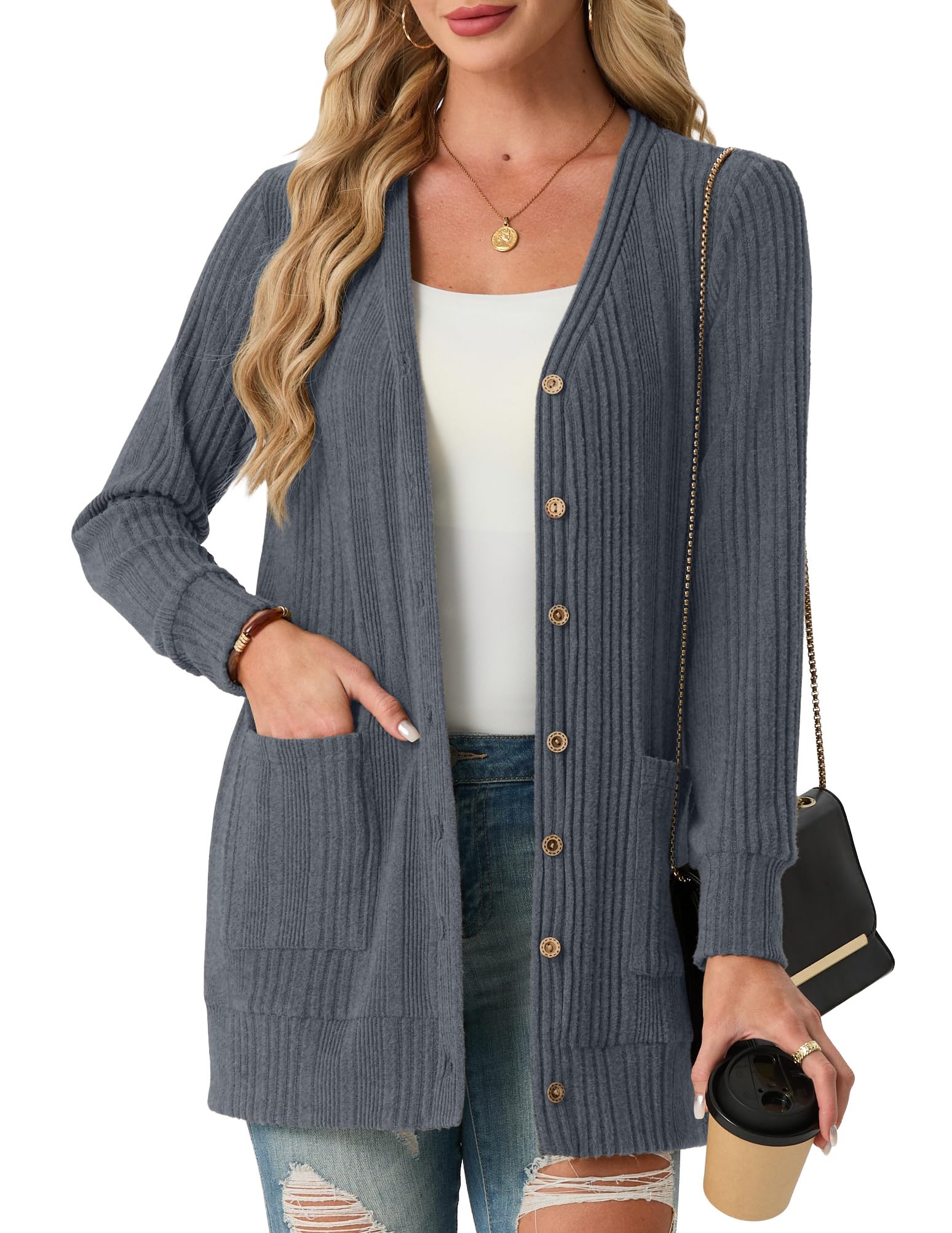 GRECERELLE Damen Sommer Lang Strickjacke Elegant Leichte Lässig Cardigan V-Ausschnitt Gerippt Strickjacken mit Tasche, Knöpfen