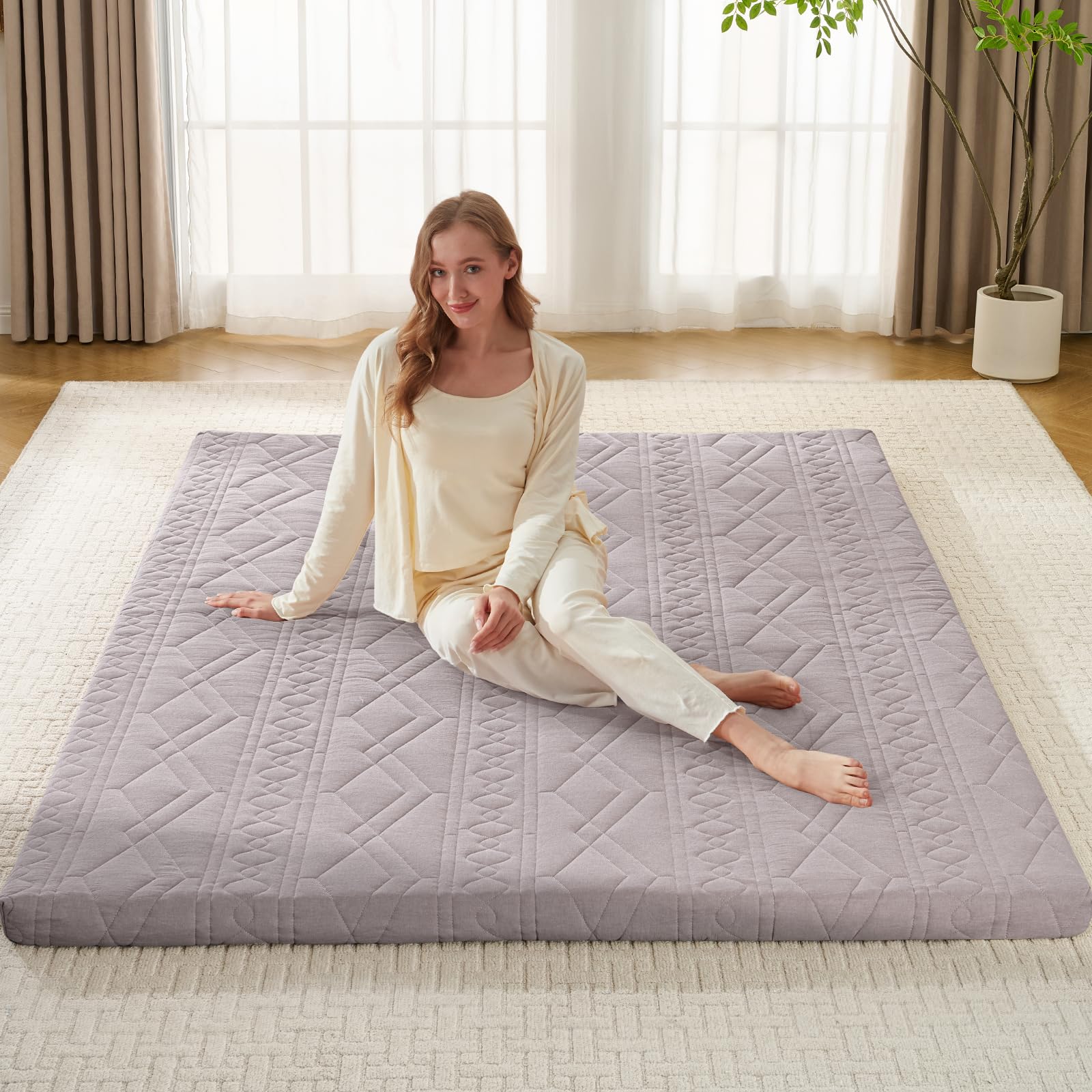 Japanese Floor Futon Mattress Queen Size 60"x 80", Foldable Bed Mattress, Portable Tatami Mat Sleeping Pad, Folding Futon Cushion, Roll Up Floor Lounger for Guest Room Dormitory (Khaki) — view 11