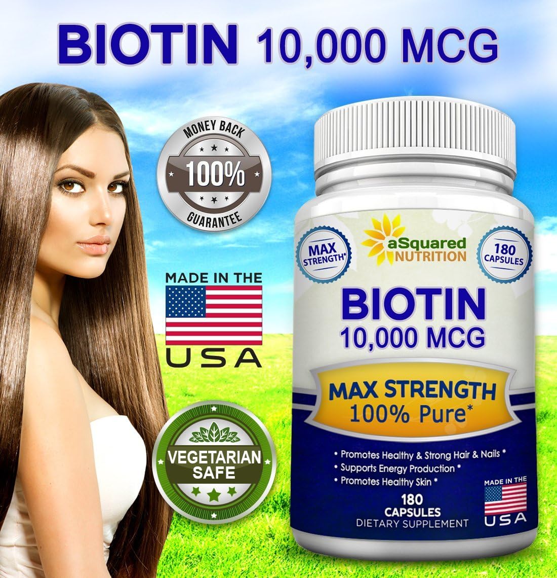 Biotin With 10,000 MCG - Max Strength Vitamin B Supplement for Men & Women, Vitamin B7 Biotin Pills to Improve Skin Health, Hair Growth, Thicker Nails & Energy, 180 Capsules 10000mcg Complex