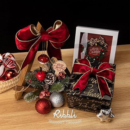 Miniatura 3 de Ribbli Cinta de terciopelo rojo con alambre de 2.5 pulgadas, cinta de Navidad de terciopelo triturado metálico rojo dorado para envolver regalos,