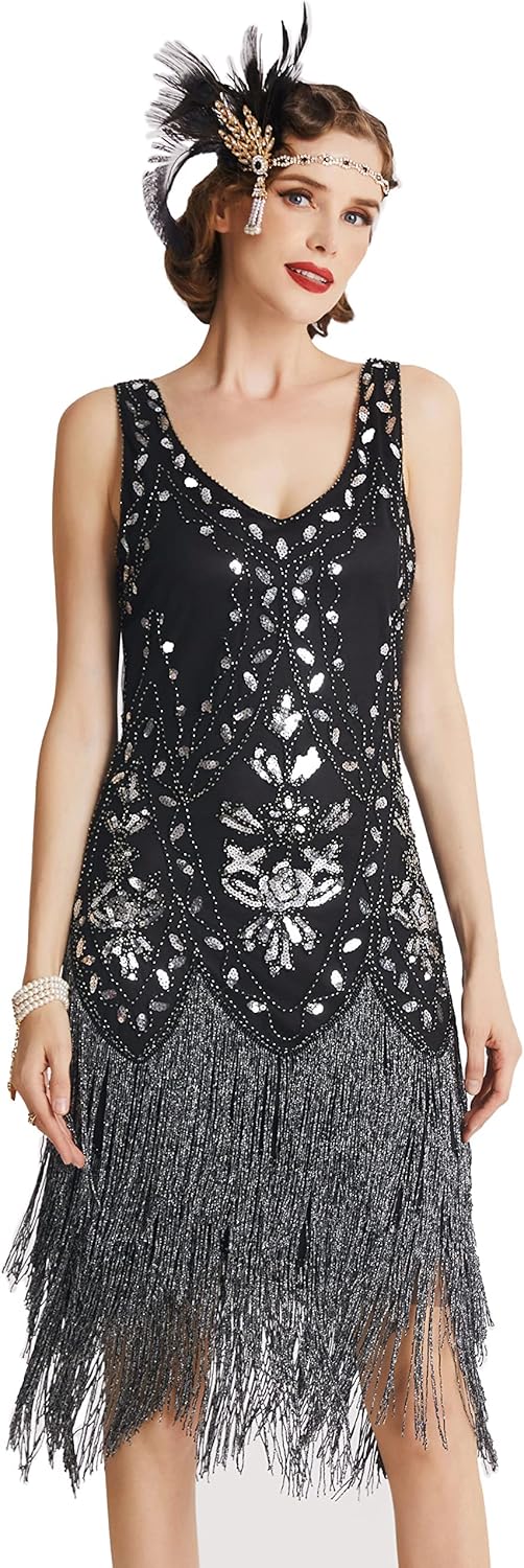 BABEYOND 1920s Flapper Dress Roaring 20s Great Gatsby Costume Dress Fringed Embellished Dress