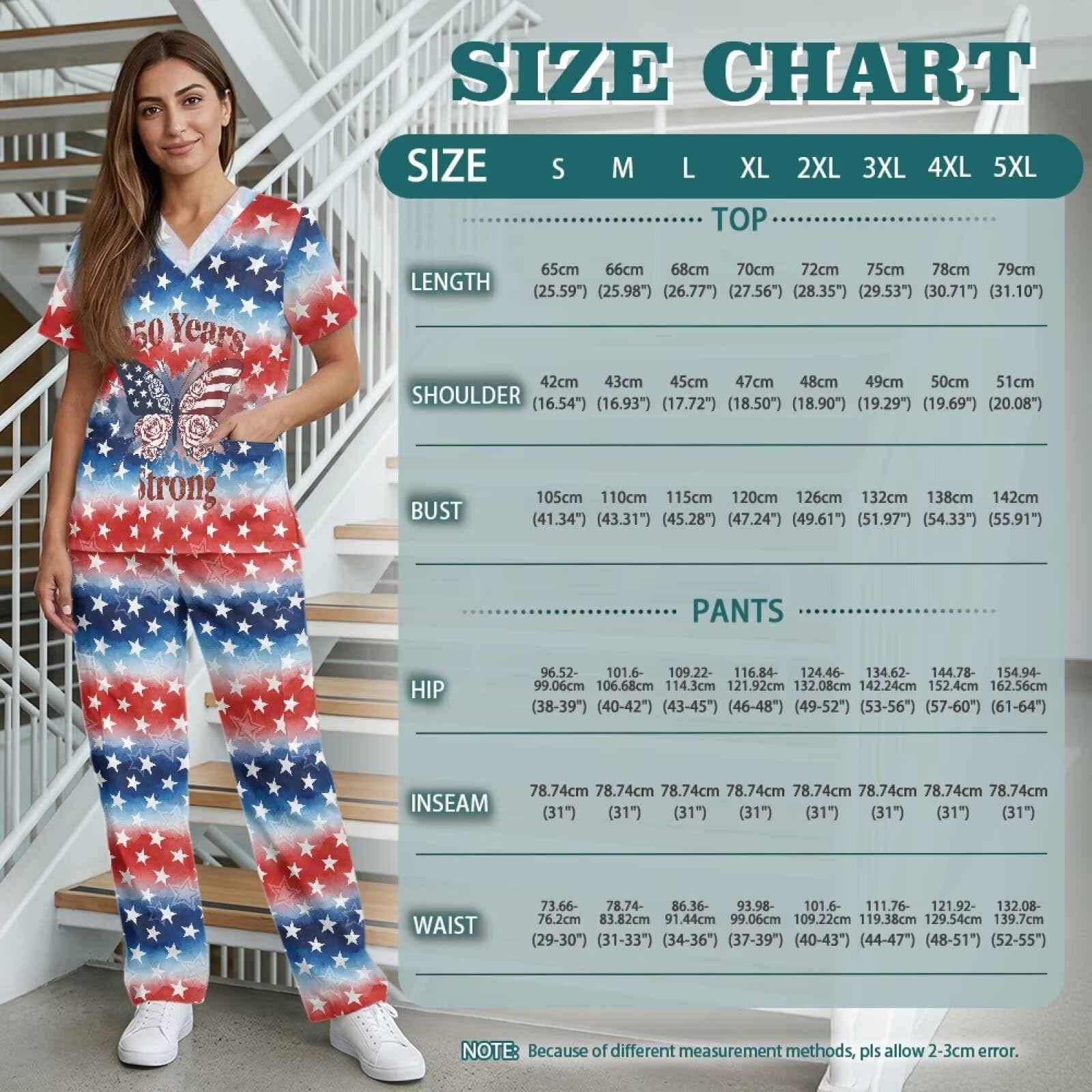 USA 250-letni damski zestaw peelingów czerwony, biały i niebieski top i spodnie patriotyczne, peelingi plus size dla kobiet, akcesoria do asystentów medycznych