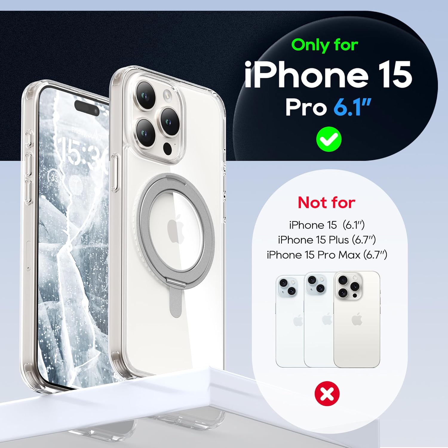 for iPhone 15 Pro Case 6.1-Inch with Magnetic 360° Ring Stand Compatible with MagSafe Crystal Clear Shockproof Protective Phone Cover 6.1" 2023, Clear