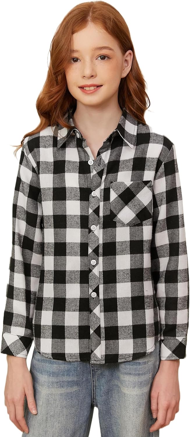SANGTREE Women and Girls Long Sleeve Flannel Casual Button Down Plaid Shirt