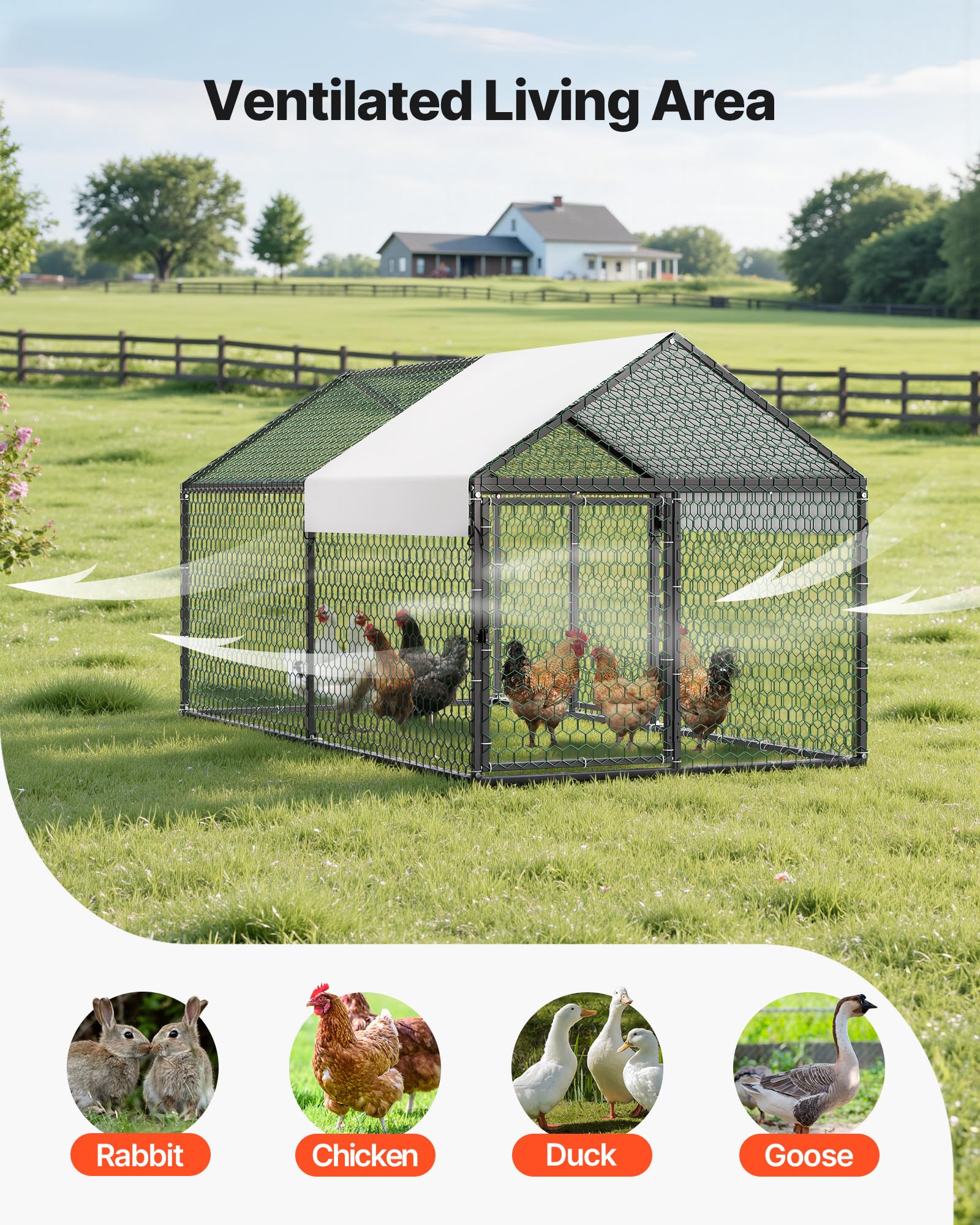 VEVOR Pollaio in Metallo 1 x 2 x 1 m per 4-6 Galline, Gabbia per Polli con Copertura Impermeabile e Doppie Porte, Tetto a Punta, Compatibile con Pollai in Legno, per Conigli Oche Anatre da Esterno