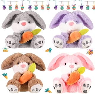 Four plush bunnies with carrots
