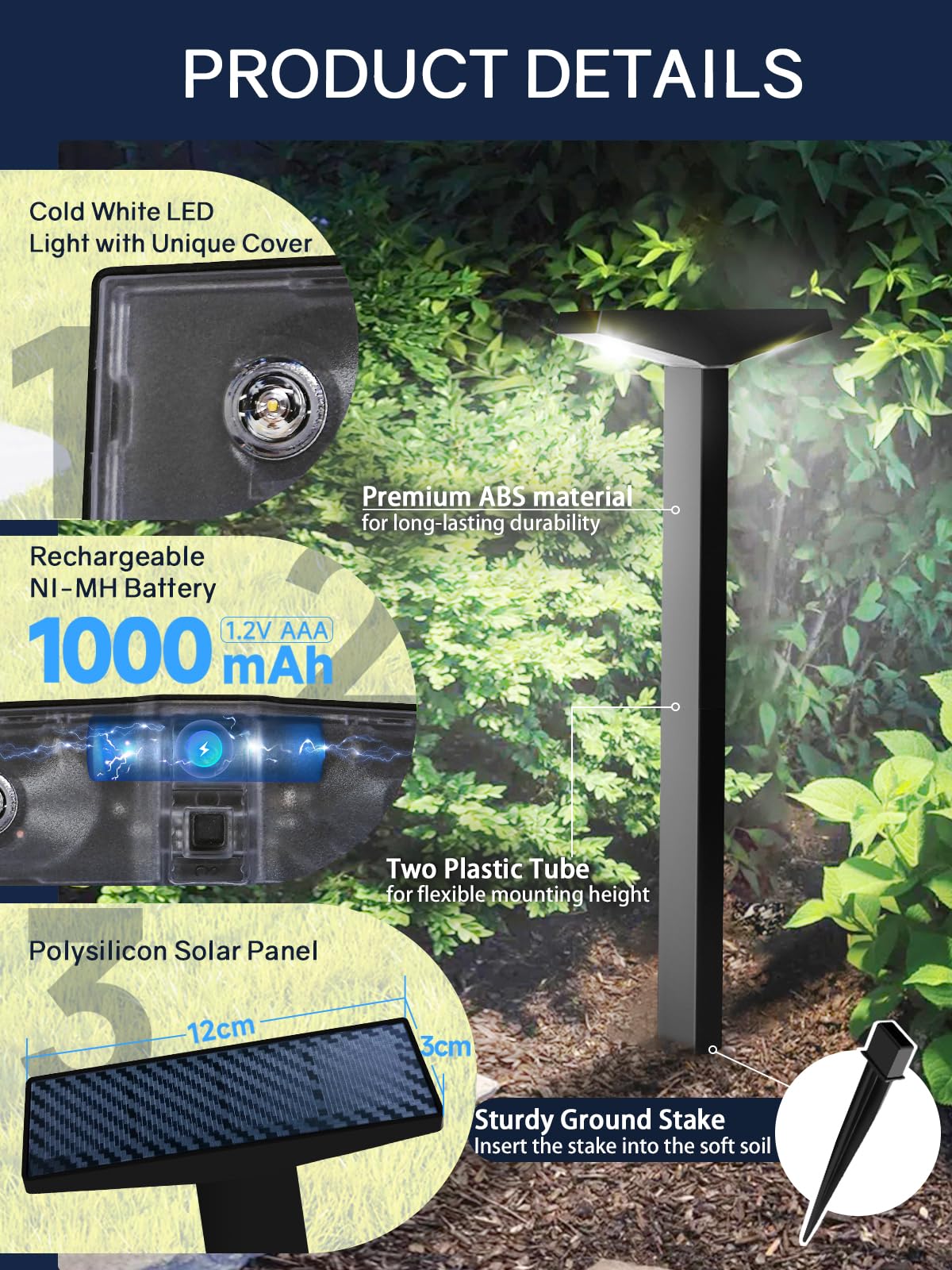 Moman Solar Outdoor Garden Lights, 4 Pack Small Waterproof Stake LED Lights With Cold White Auto ON/OFF for Pathway Patio - Image 4