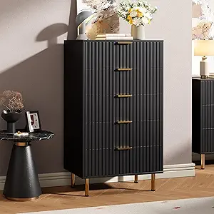 5 Drawer Dresser for Bedroom, 48" Tall Modern Chest of Drawers with Deep Drawers and Wide Top, Fluted Wooden Dresser Organizer for Living Room, Hallway, Kids Room, Black