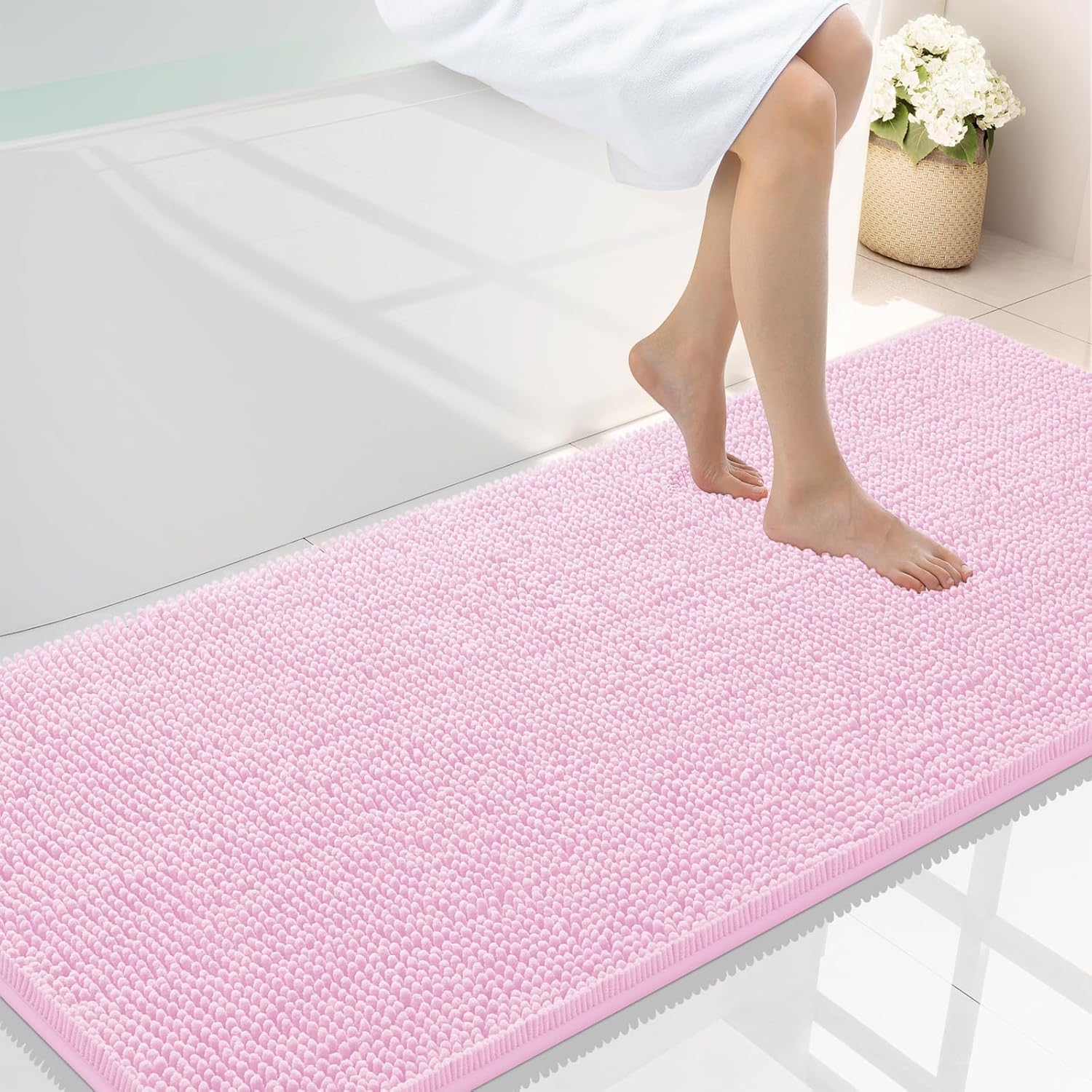 Smiry Luxury Chenille Bathroom Rugs 59x24, Extra Soft and Absorbent Shaggy Bath Mat, Machine Washable, Non-Slip Plush Carpet Runner for Tub, Shower, and Floor, Home Decor Accessories, Pink 59'' x 24'' Pink