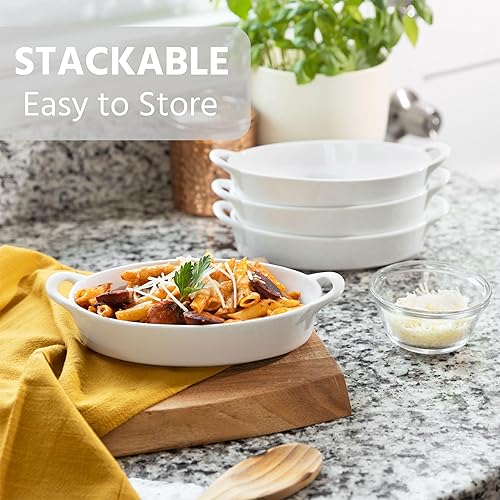Oval Au Gratin Baking Dishes for Oven Safe and Microwave Cooking and Baking, 4 Pc. Set, Heat Resistant Ceramic with Handles for Serving, Small Mini Casserole Dish, 8" x 5", 16 oz, White - Thumbnail 5