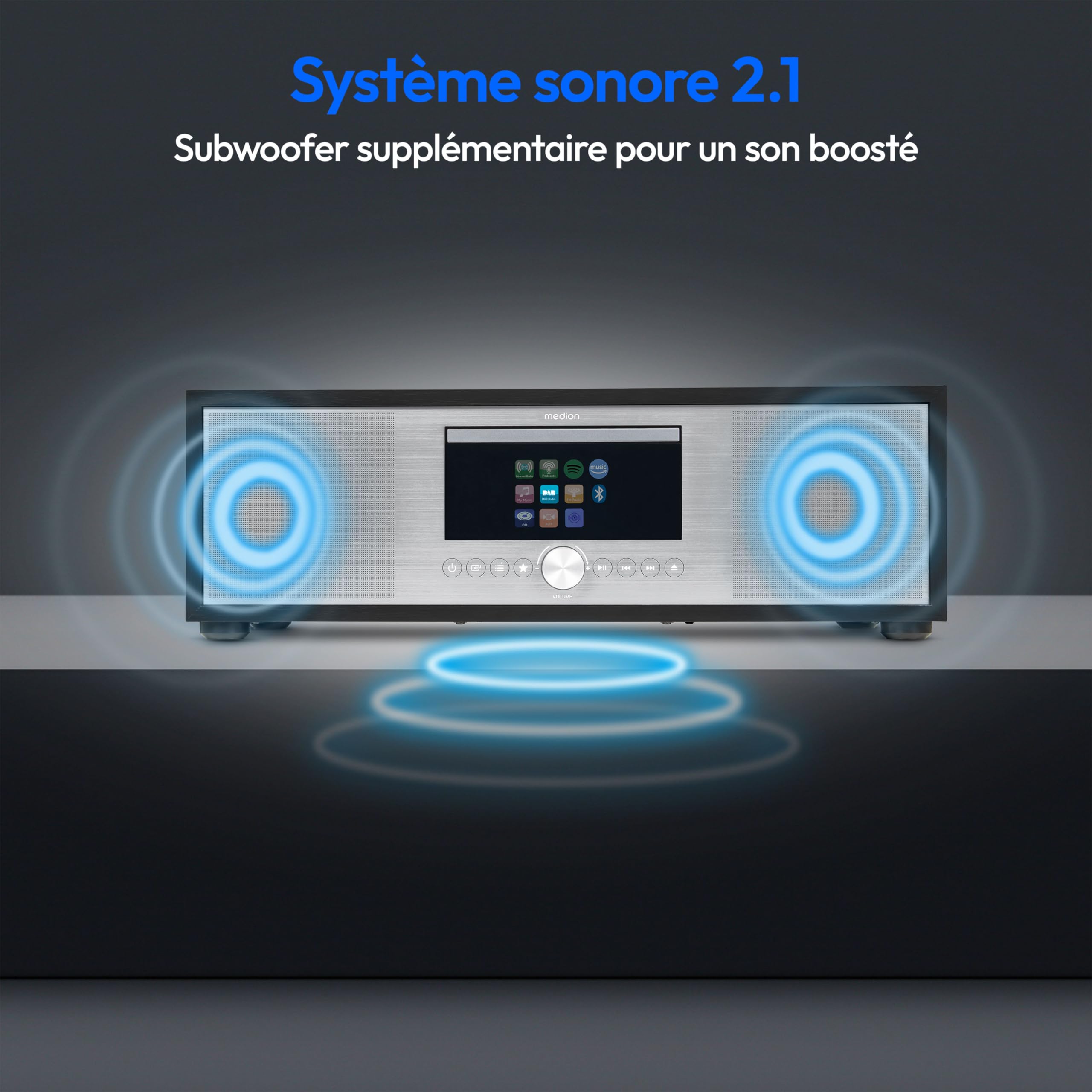 MEDION P66400 Chaîne Audio Tout-en-Un (Radio Internet, Dab+, Lecteur CD/MP3, Spotify, Amazon Music, Radio FM PLL, USB, AUX, Caisson de Basses, Réveil, Veille Automatique) Argent