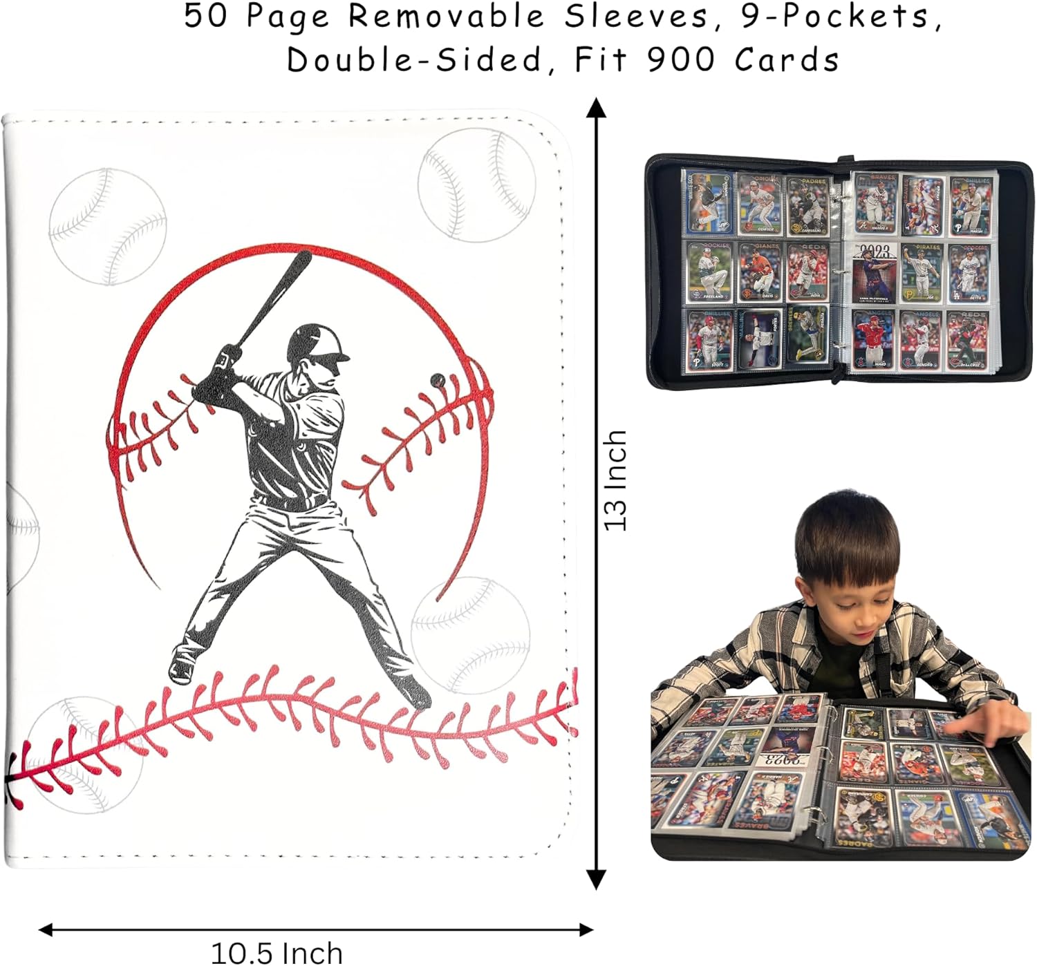Baseball Card Binder, Trading Card Album with 50 Removable Sleeves Fit 900 Baseball Cards, Compatible with Topps Sports Card Collections (White)