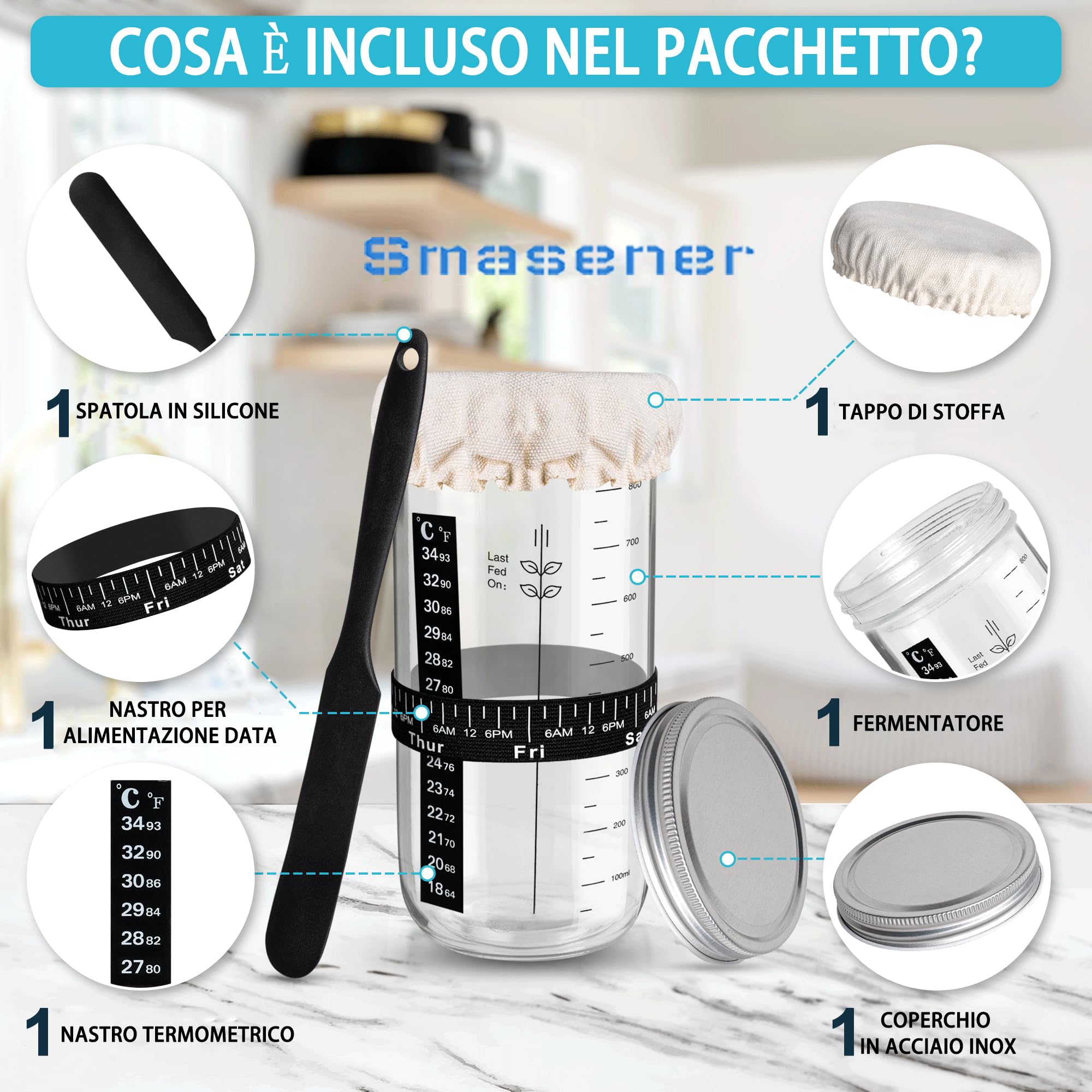 9pcs Sourdough Starter Kit - Vaso di lievitazione da 1000 ml con coltello da panettiere e frusta per l'impasto - Accessori per la cottura, vaso per lievito madre, kit di per lievito madre