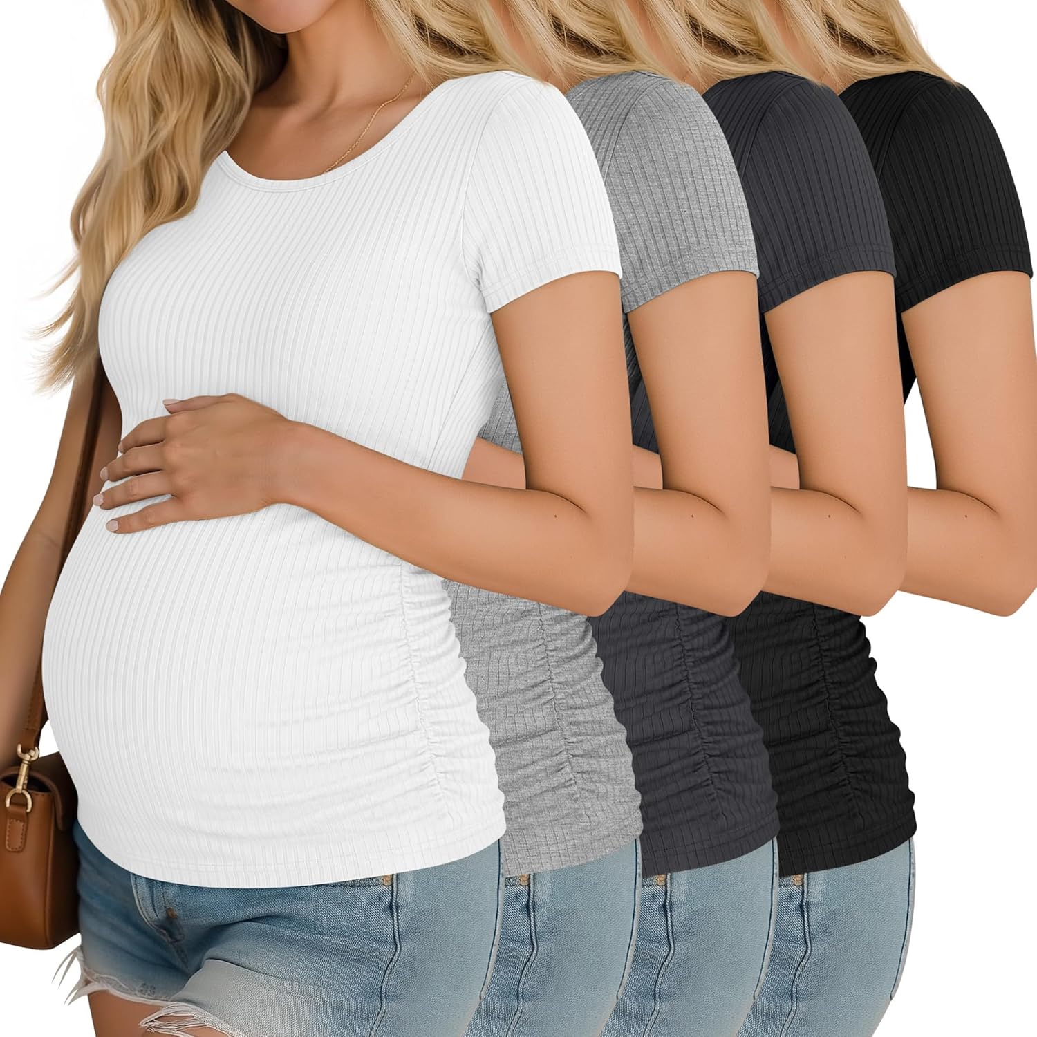 Riyiper 4 Pack Women's Maternity T-Shirts, Cotton Side Ruched Ribbed Maternity Top Scoop Neck Short Sleeve Pregnant Clothes