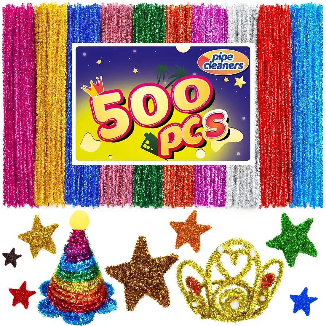 Bundooraking 500 Glitter Pipe Cleaners in 10 Colors, Pipe Cleaners for Crafts, Arts and Crafts, Crafts, Craft Supplies, Art Supplies