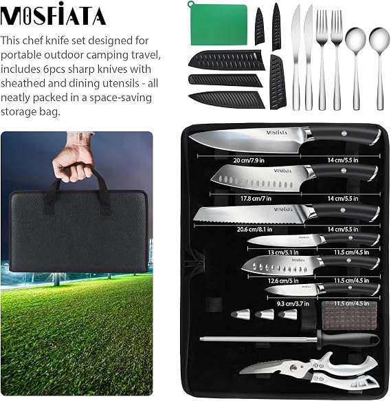 MOSFiATA Chef Knife Sets with Carry case Bag, 19 Pieces Professional Knife Set with Knife Sharpening Rod, High Carbon Stainless Steel Kitchen Chef Knives Set,Dishwasher Safe, For Outdoor