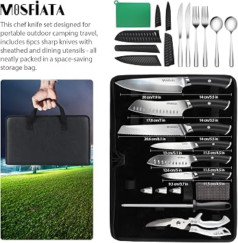 MOSFiATA Chef Knife Sets with Carry case Bag, 19 Pieces Professional Knife Set with Knife Sharpening Rod, High Carbon Stainless Steel Kitchen Chef Knives Set,Dishwasher Safe, For Outdoor