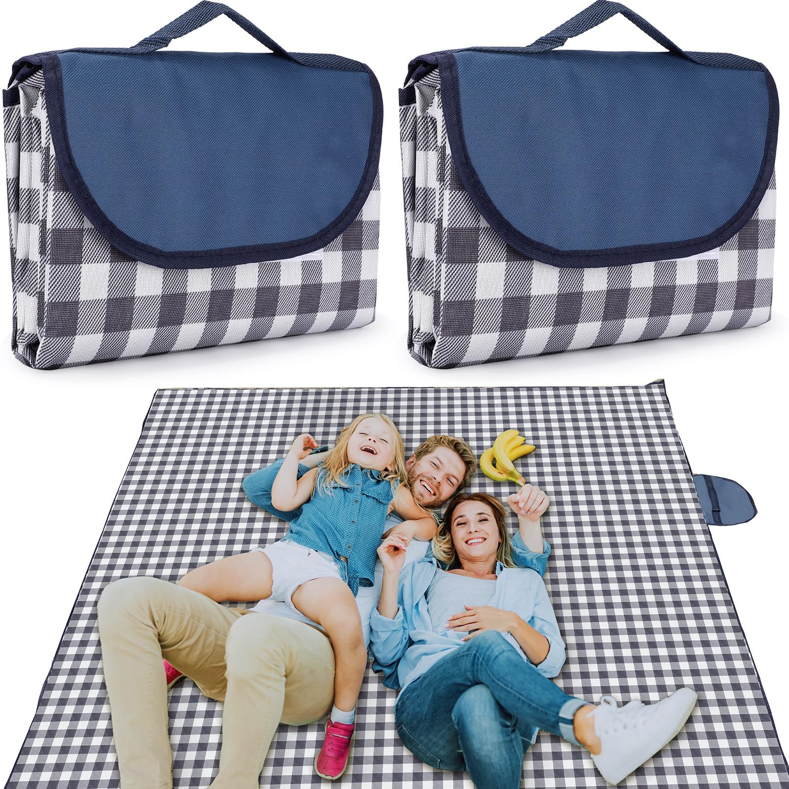 WESTCH 2 Pcs 80'' x 80'' Beach Blanket Extra Large Picnic Blankets Waterproof Sandproof Beach Mat Foldable Outdoor Blanket Portable Park Blanket for Family Camping Party Travel (Navy Blue and White)