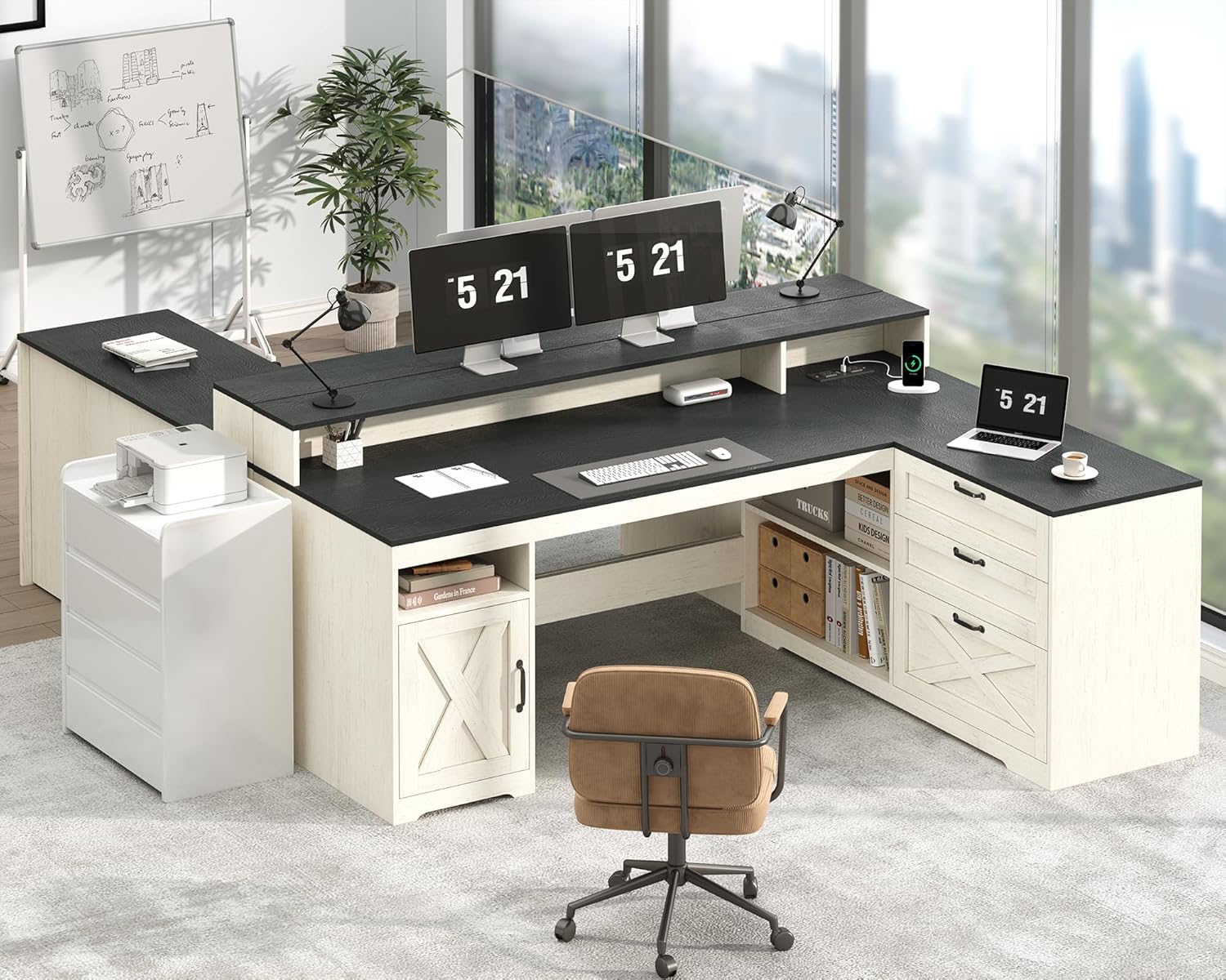 YOMILUVE Farmhouse L Shaped Desk with Drawers, 61" Home Office Desk with Storage Cabinet and Power Outlet, L Shaped Computer Desk with Storage Shelves and Monitor Stand, Black and White