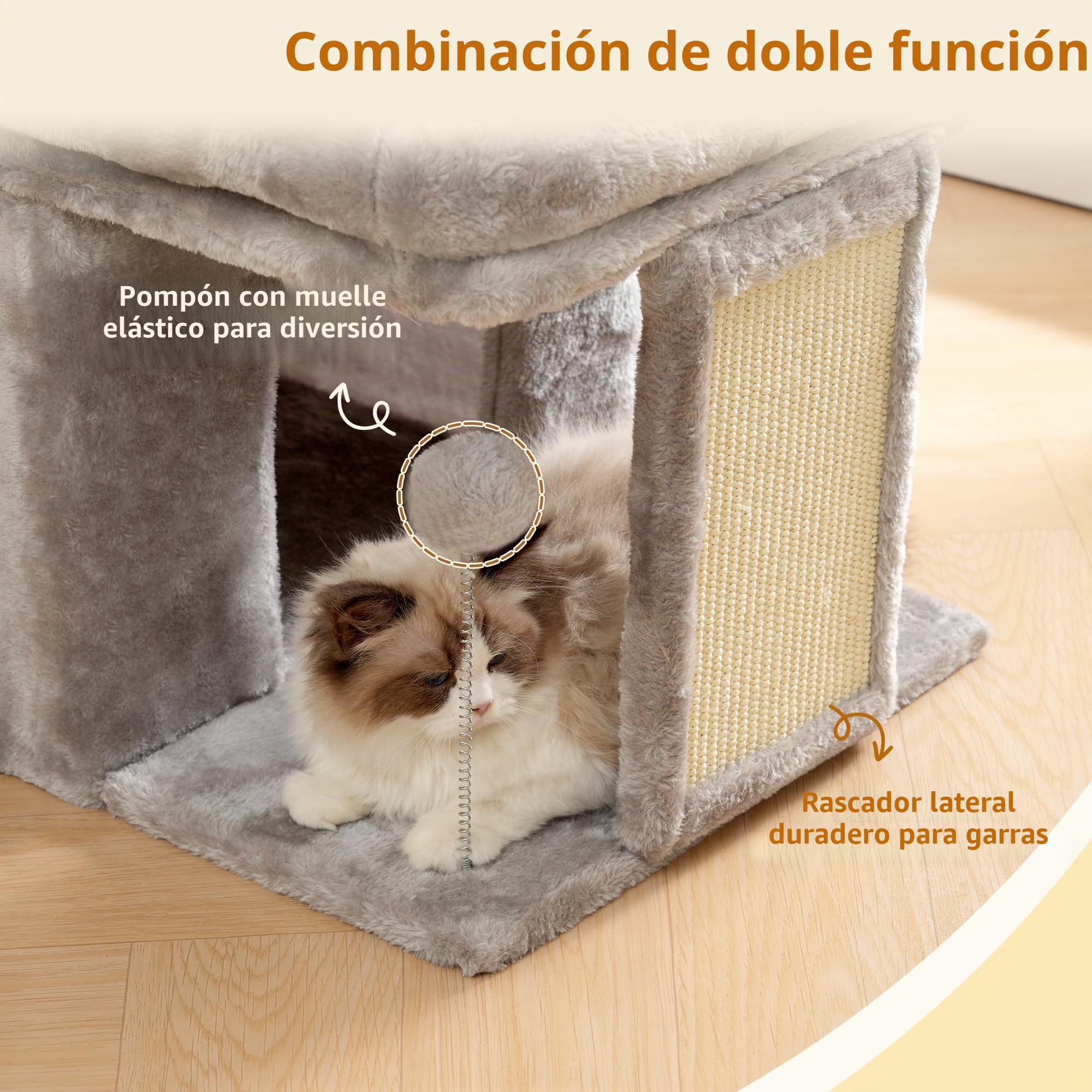 Heybly Rascador para Gatos, Árbol para Gatos de 35 cm con Amplia Plataforma y Acogedora Casita, Adecuado para Gatos Adultos, con Tablero de Sisal y Pelota de Felpa, Gris Claro HCT203SW