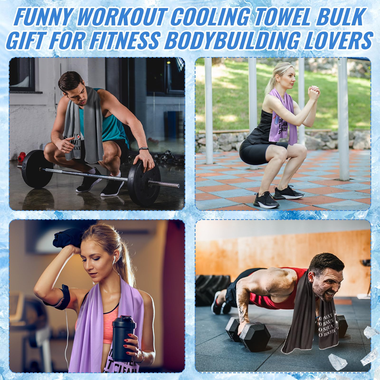 Peryiter 8 Pack Funny Workout Gym Cooling Towel Fitness Gifts for Women Men 40"x12" Microfiber Breathable Yoga Sweat Towels for Neck and Face, Novelty Summer Gifts for Workout Bodybuilding Lover