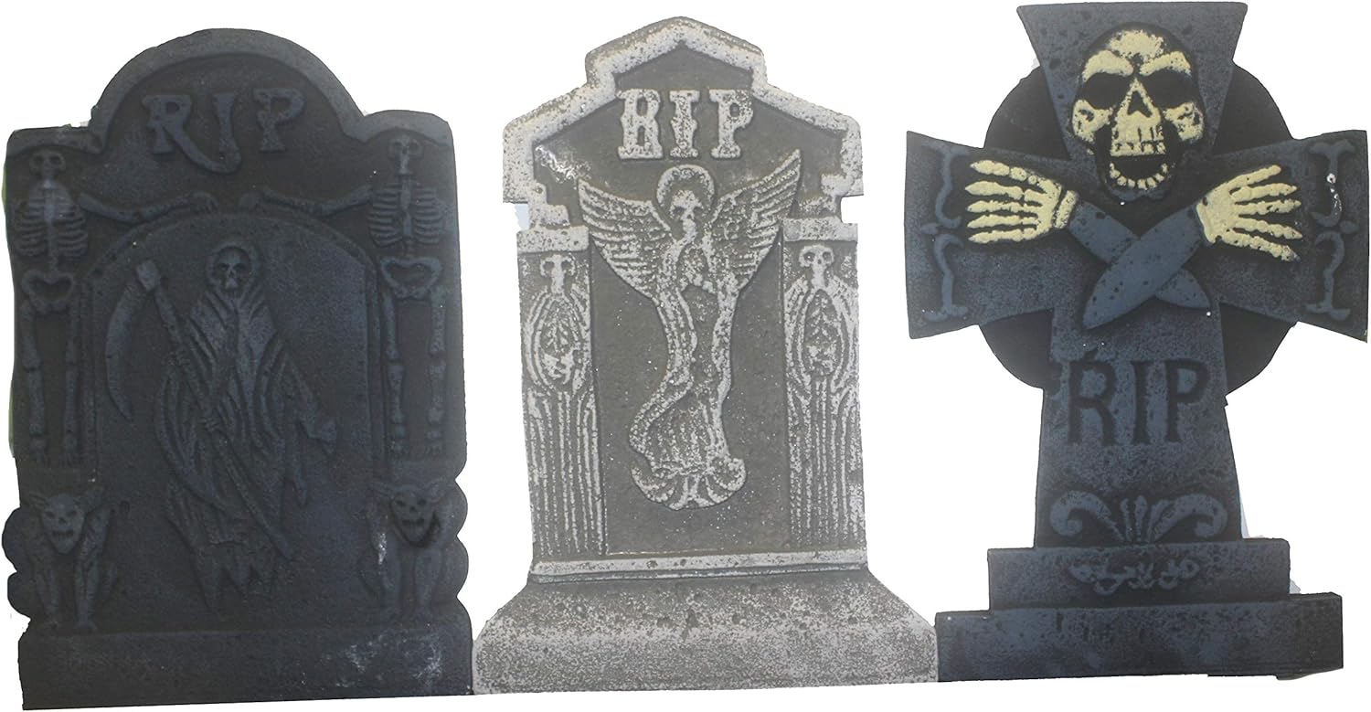 Bauer Pacific Set of 3 Reusable Realistic 21" Asst. Halloween Foam Tombstones, Props, Graveyards, Haunted House, Yard Decorations and Accessories