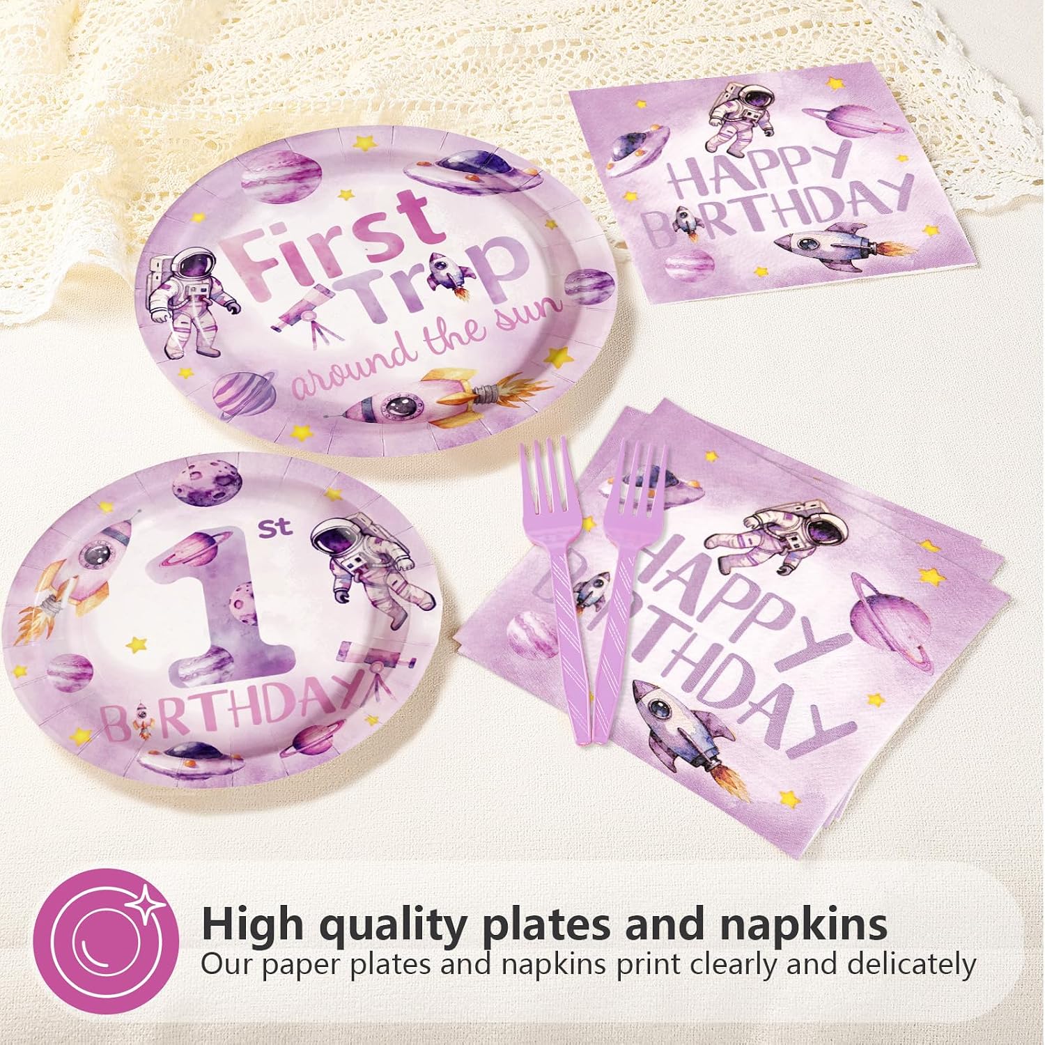 96Pcs Space 1st Birthday Party Supplies Pink Purple Astronaut Disposable Paper Plates and Napkins First Trip Around The Sun Tableware Set for Kids 1st Birthday Party Supplies Serves 24