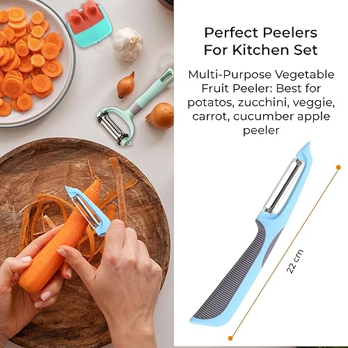 Miniatura 7 de BuyBrilliance Peeler Juego de 3 peladores de frutas de acero inoxidable, 3 en 1, pelador de papas con hoja giratoria para verduras sin esfuerzo,