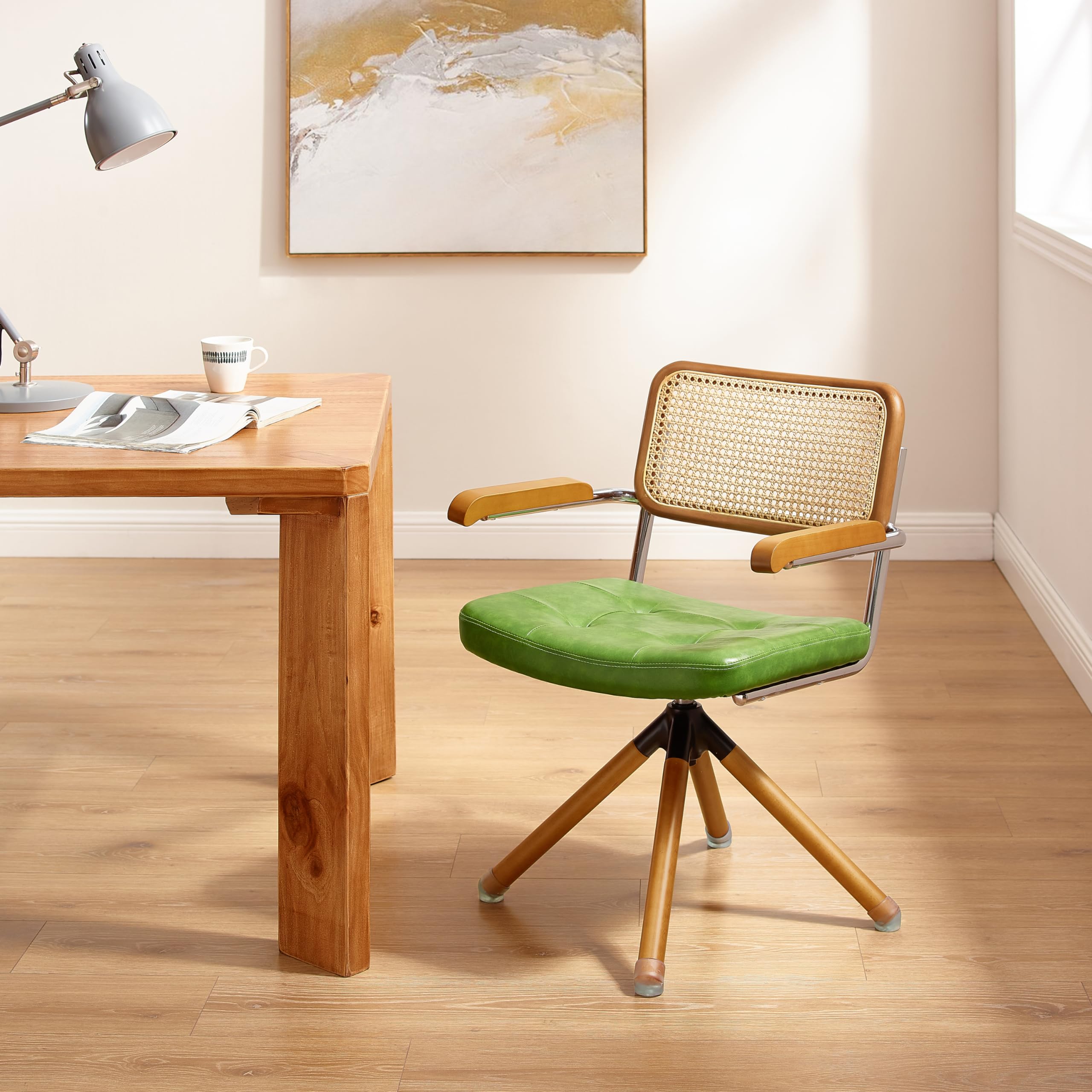 Zouron Silla de Comedor de Estilo Moderno (Respaldo de ratán), Silla giratoria 360° (tapizado en Piel sintética), sin Ruedas, Verde