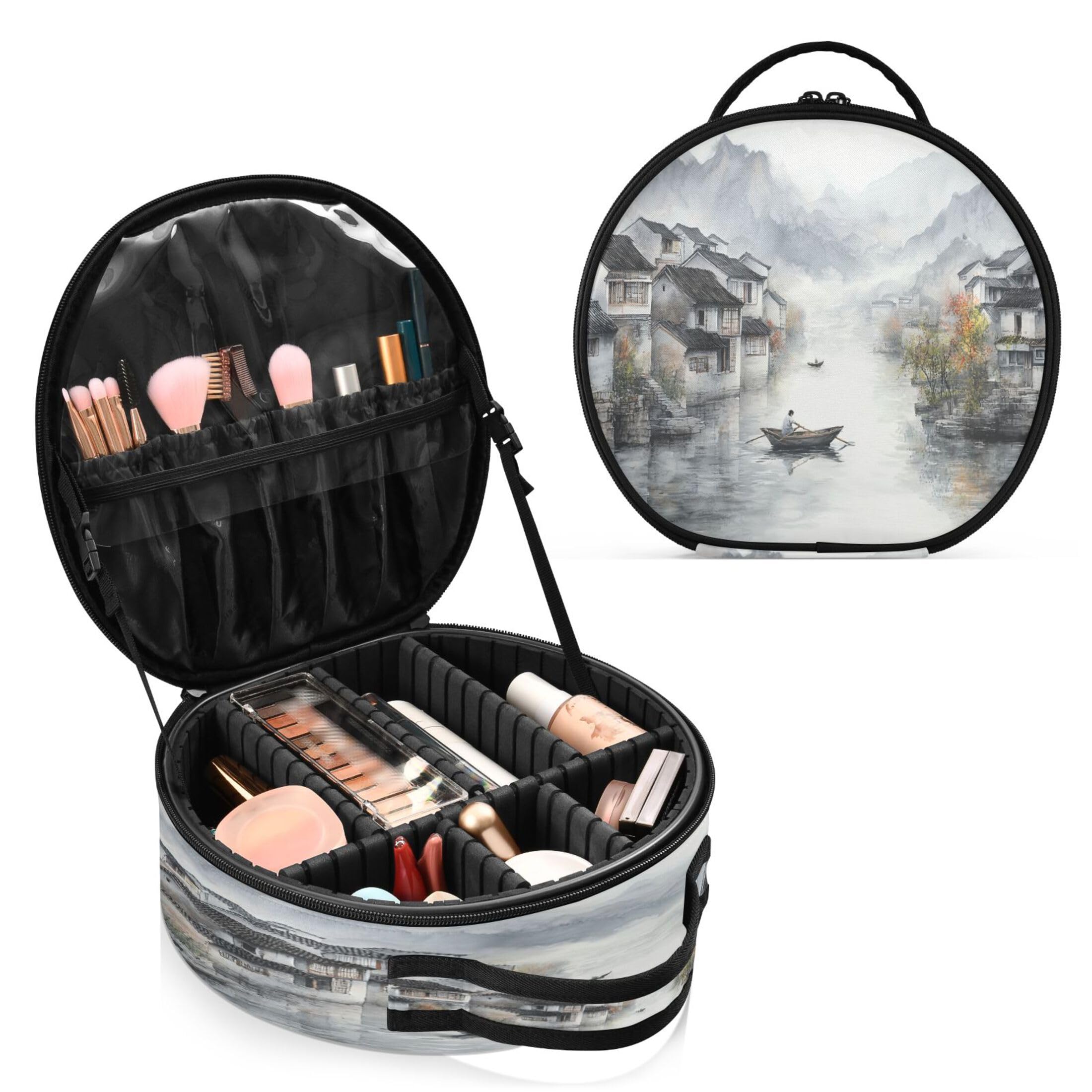 Takiito Ink Painting Travel Makeup Case Portable Makeup Box Artist Cosmetic Case Organizer With Adjustable Dividers
