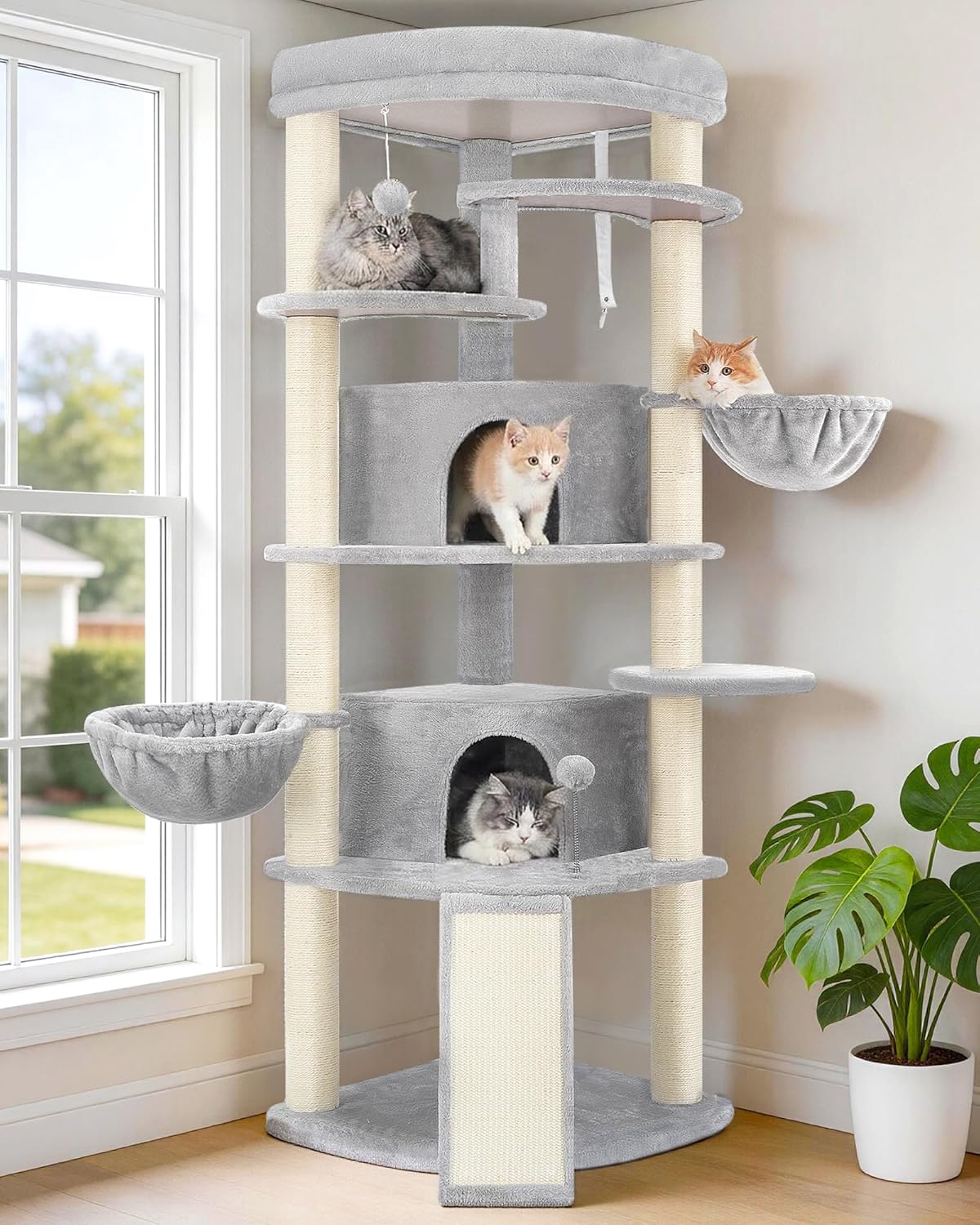 Corner Cat Tree for Indoor Cats, Cat Tower with All Sisal Scratching Posts, Multi-Level Cat Condo wth 2 Large Cat Caves, Big Top Perch, 2 Hanging Baskets, Sisal Ramp, Light Gray GCT035W