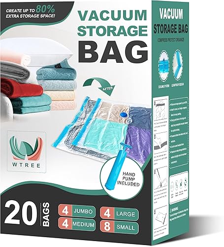 WTREE Paquete de 20 bolsas de almacenamiento al vacío, bolsas ahorradoras de espacio, bolsas selladas al vacío para edredones, mantas,