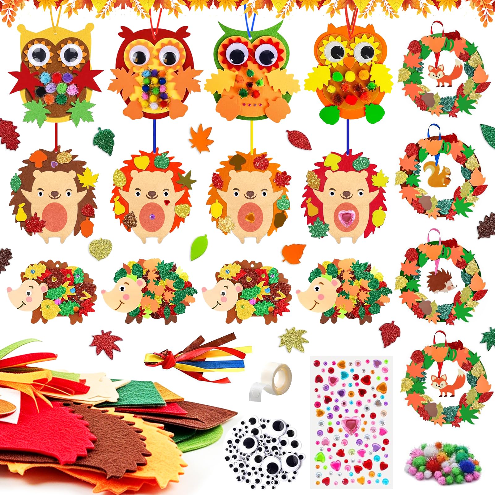 BULAWAN Autumn Craft Kits for Kids - 16 PCS Owl Hedgehog Craft Set