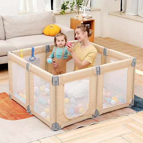 Miniatura 15 de Dripex Corralito plegable para bebés y niños pequeños, corralito extragrande de 71 x 69 pulgadas, puerta de seguridad para interiores y exteriores,