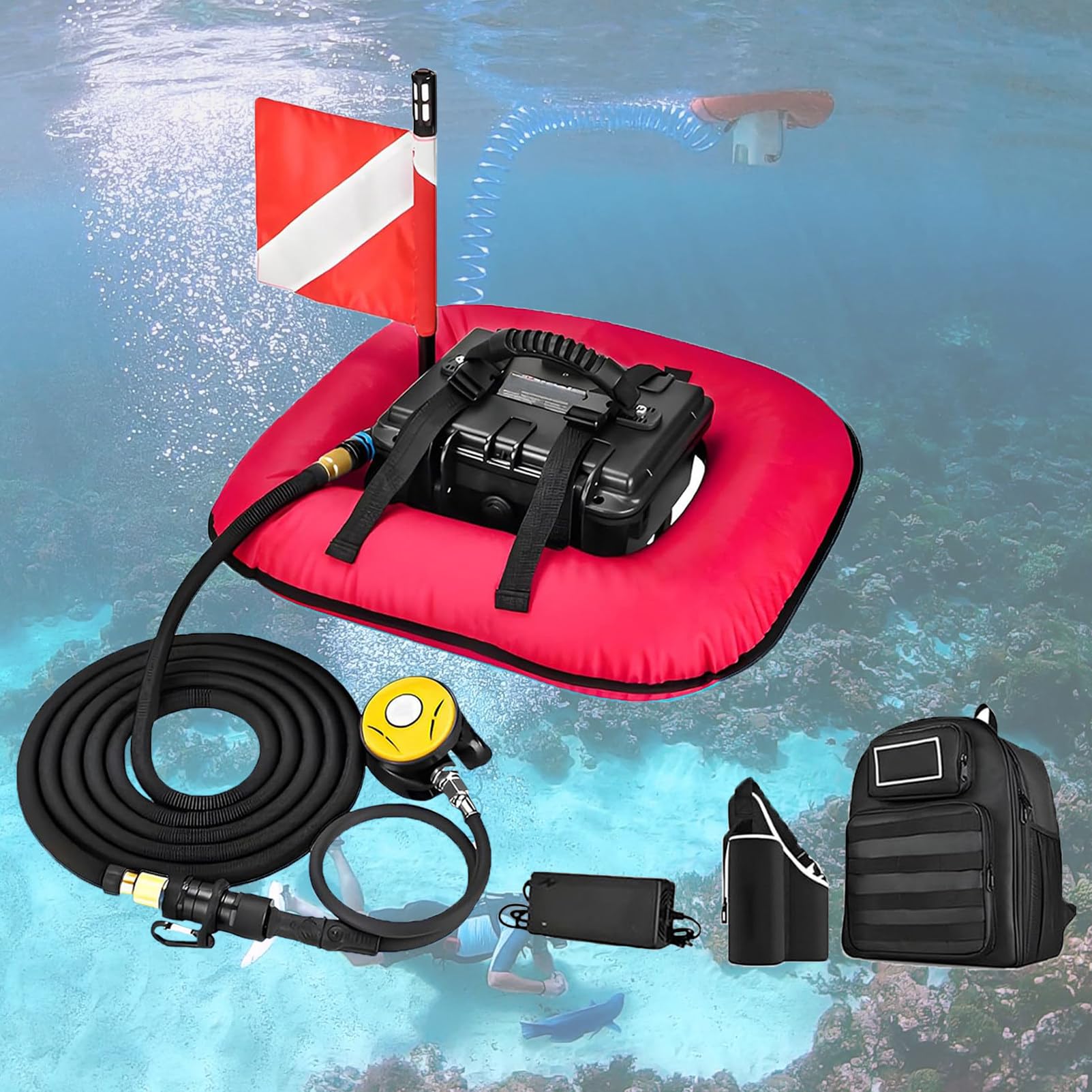NzEupno Diving Tanks Underwater Breathing Ventilator, Scuba Diving Ventilator System, 52L/min Without Tank Oxygen Portable Device, Waterproof Air Compressor Red-1Battery