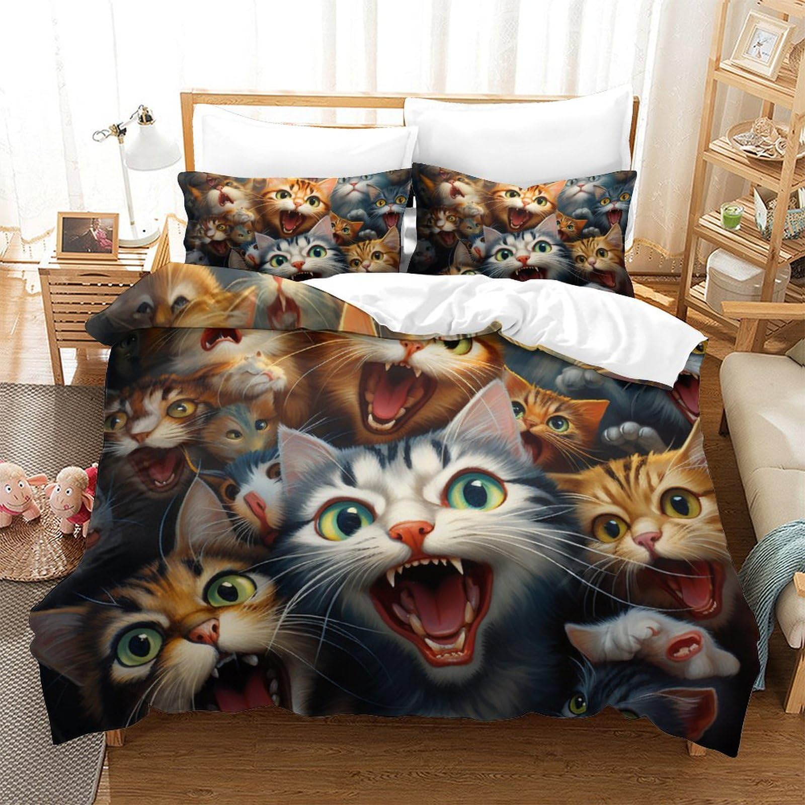 Housse de couette chat 3D microfibre parure de lit 3 pièces 260x220