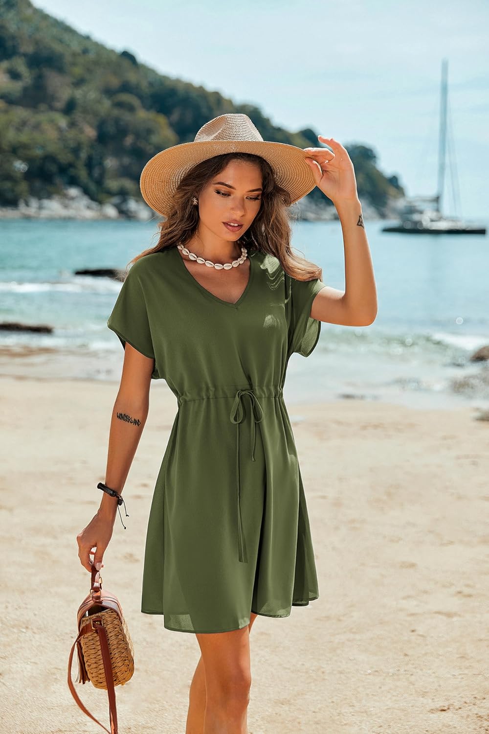 Ekouaer Women's Cover Ups Casual Swimsuit Coverups Flowy Tie Waist Beach Cover Up Dress - Image 2