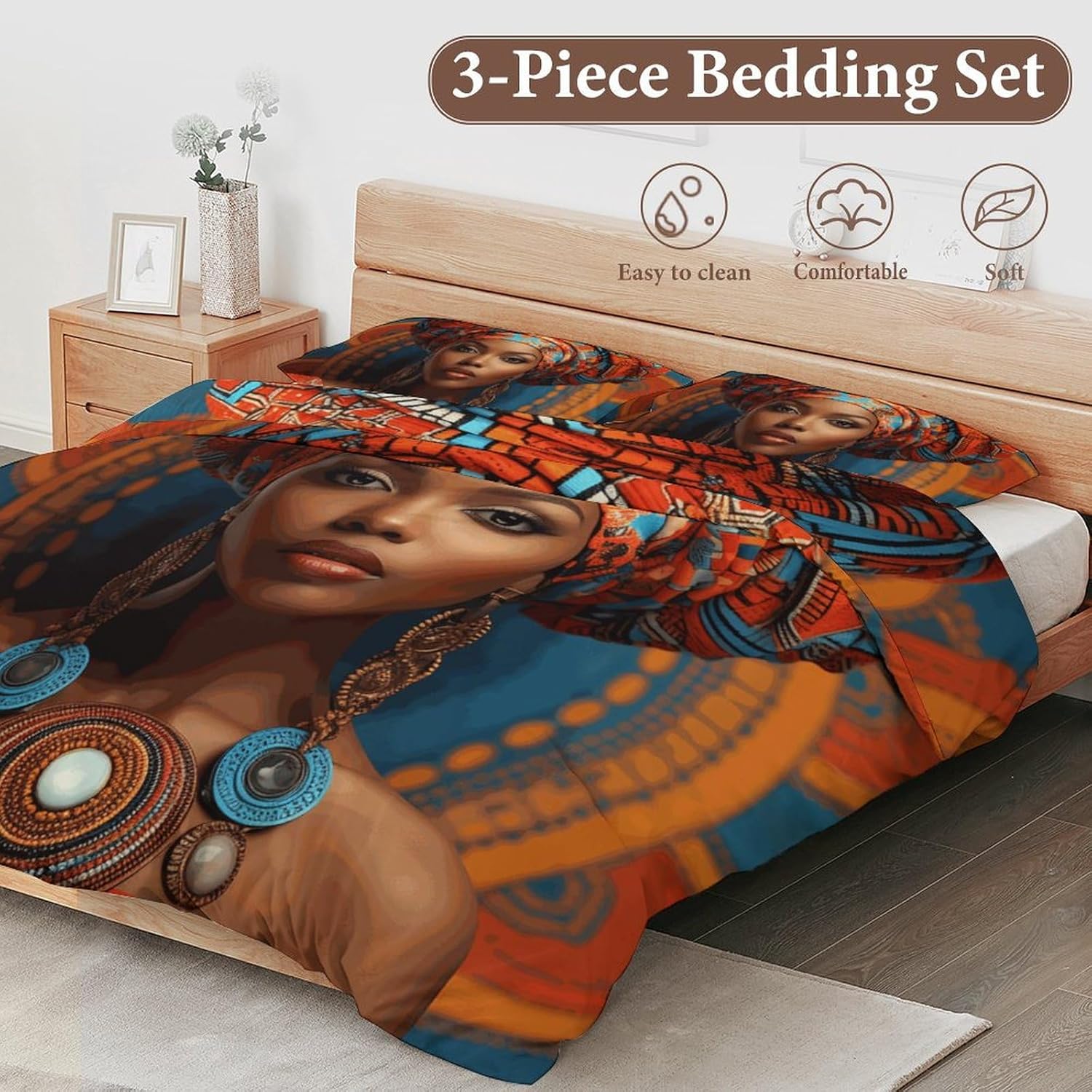 Delerain Comforter Cover Set Queen Size, Ethnic African Women 3-Piece Bedding Set for Women Men Modern Soft Microfiber Bedroom Set Room Decor, 1 Duvet Cover + 2 Pillowcases