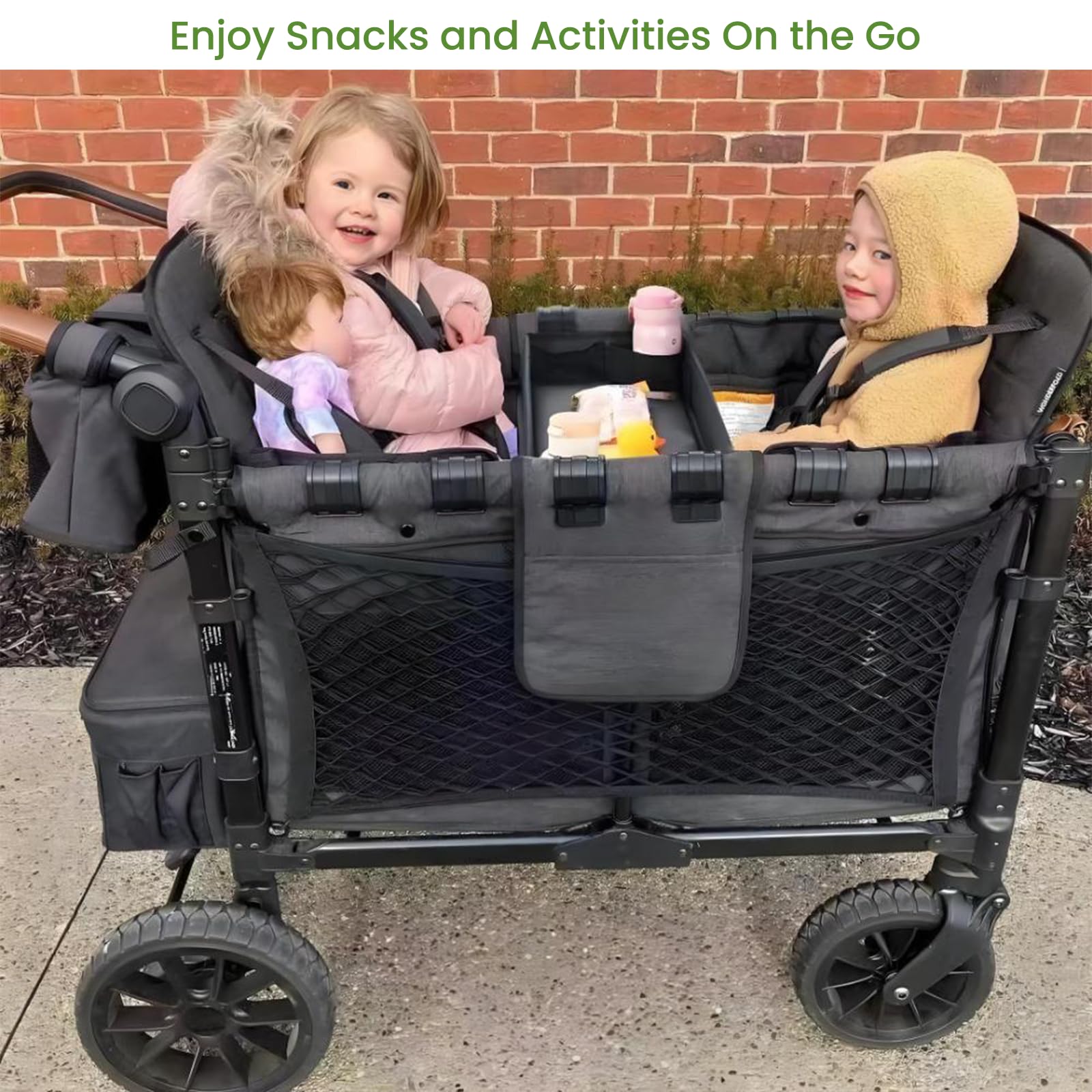 Vassoio per passeggino a doppia faccia per camper, tavolo per snack e attività per bambini, con portabicchieri e tasche in rete, superficie da gioco da viaggio per pasti, disegni, giocattoli