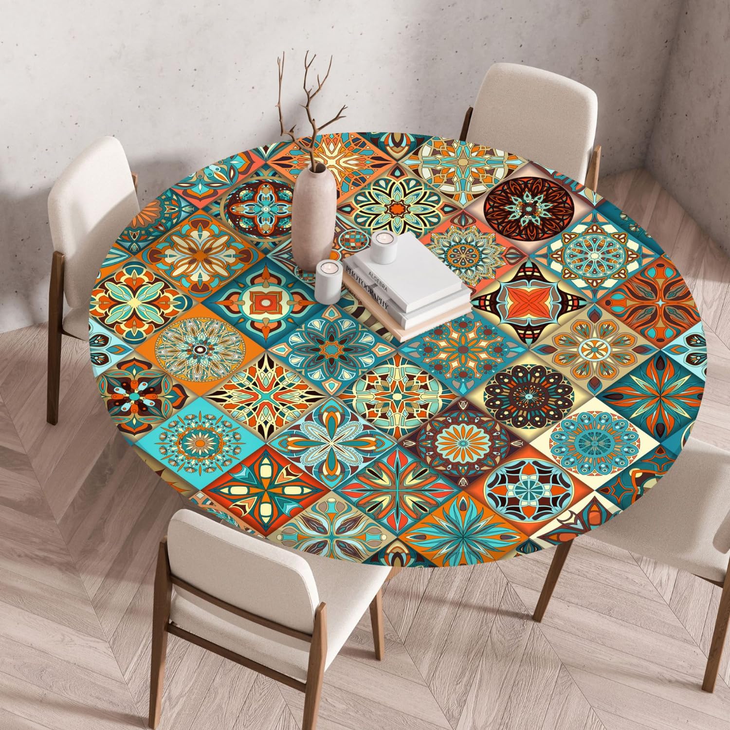 Boho Tablecloth Round, Outdoor Tablecloth Washable Round, Elastic Garden Tablecloth Weatherproof Tablecloth with Elastic Band for Balcony, Garden (Style 3.60 cm)