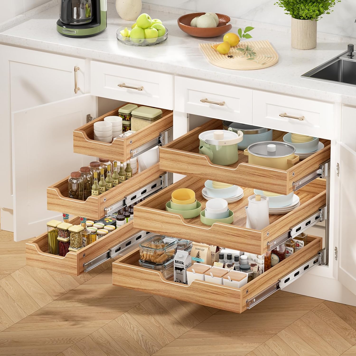 ROOMTEC 3 Tier Pull Out Cabinet Organizer 30" W X21 D, Heavy-Duty Pull Out Drawer, Slide Out Wood Shelf for Cabinets, Base Cabinet Organization for Pantry, Bathroom