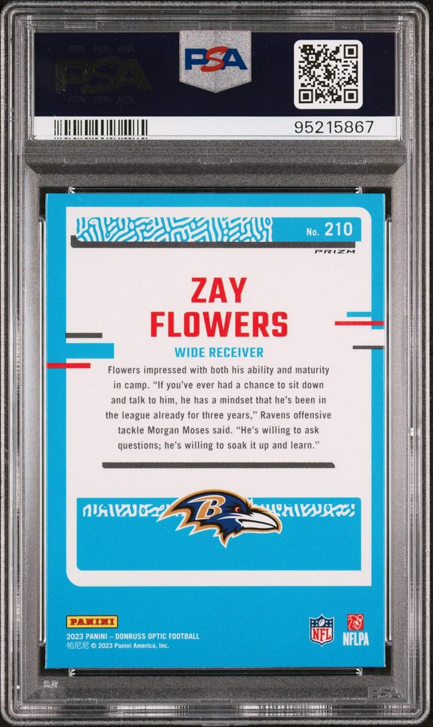 Graded 2023 Panini Donruss Optic Zay Flowers #210 Purple Shock Rookie RC Football Card PSA 10 Gem Mint