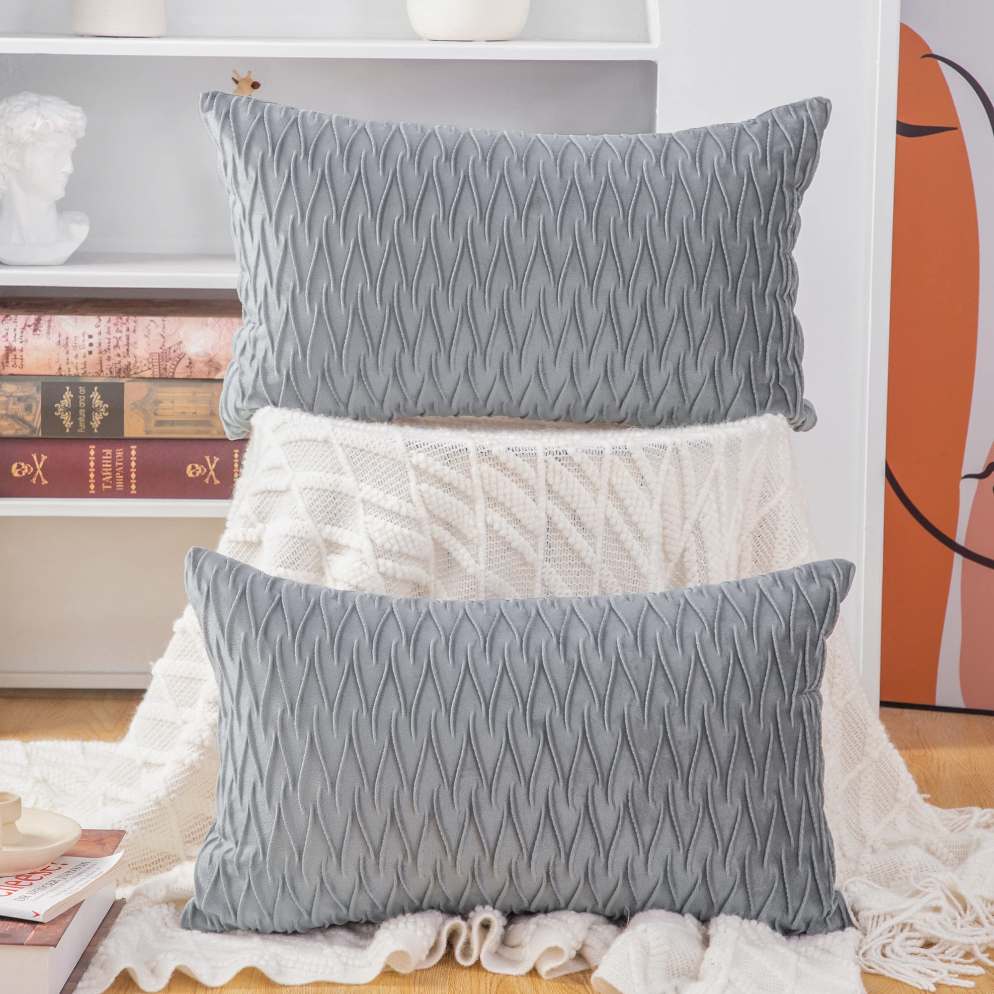 MADIZZ Set of 2 Super Soft Velvet Decorative Throw Pillow Covers 12x20 inch Light Grey Rectangular with Texture Luxury Style Cushion Case Pillow Shell for Sofa Bedroom