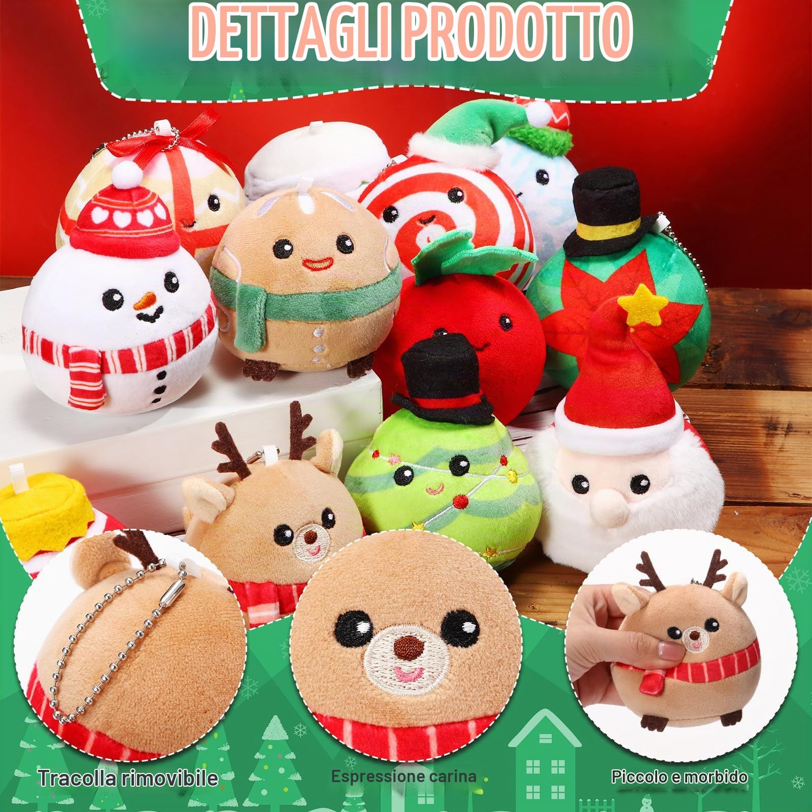 Aoriher 12 Ornamenti di Peluche Natalizi da 8 cm Giocattoli Bambola di Peluche di Babbo Natale Alce Pupazzo di Neve Omino di Pan di Zenzero Palla di Neve Fiocco di Neve per Albero di Natale