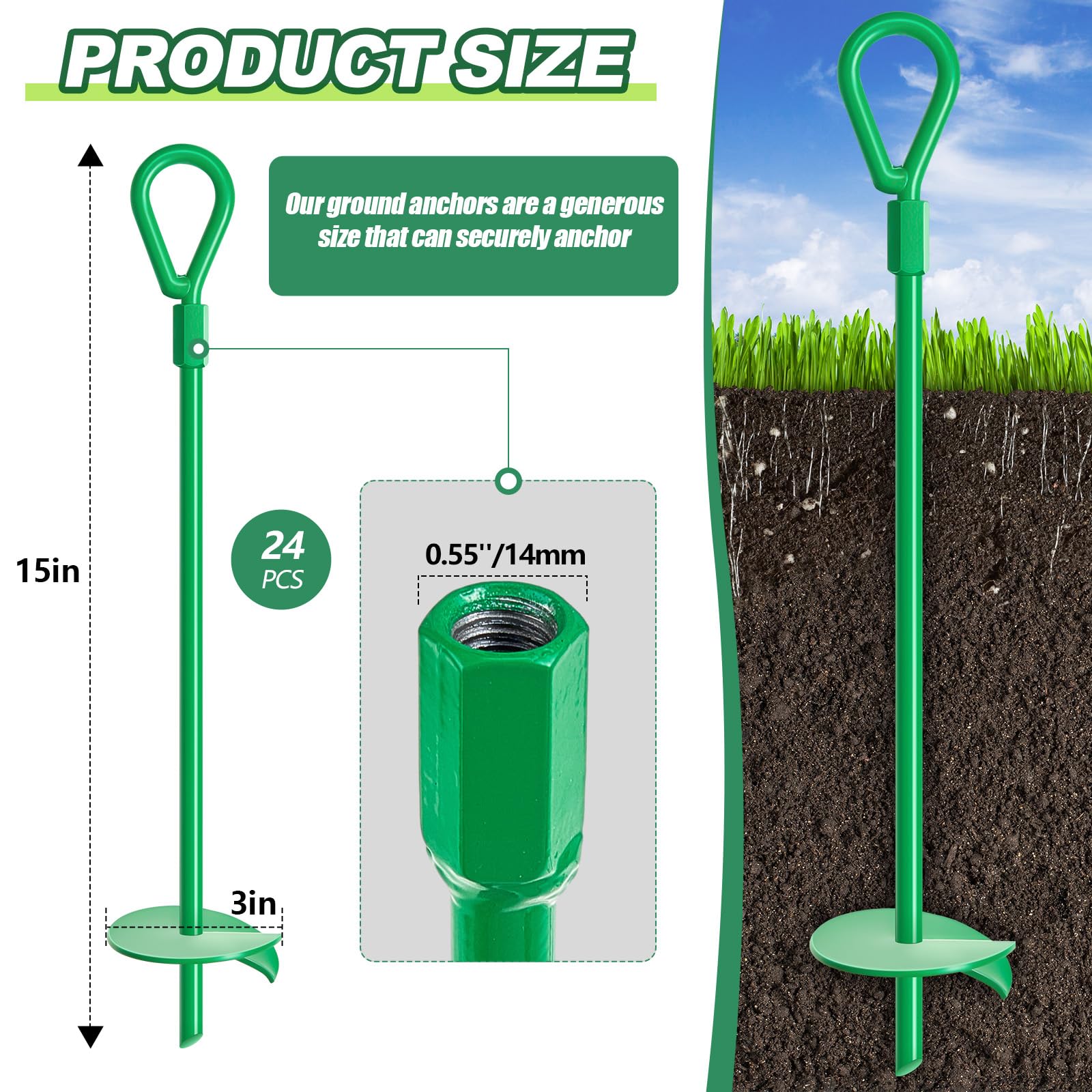 Therwen 24 Pcs 15" Ground Anchors Screw in Heavy Duty Earth Anchors