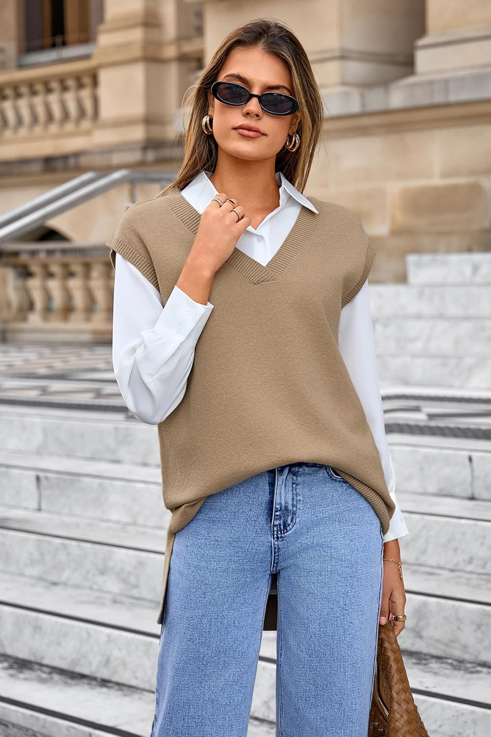 Arach&Cloz Women's Wool Blend Side Slit High Low Versatile V Neck Fall Sweater Vests 2025 - Image 4