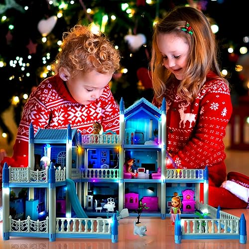 Miniatura 2 de Hermosa casa para niños de 3 a 12 años, 3 pisos, 9 habitaciones, casa de princesa con 4 figuras de juguete, casa de juegos totalmente amueblada